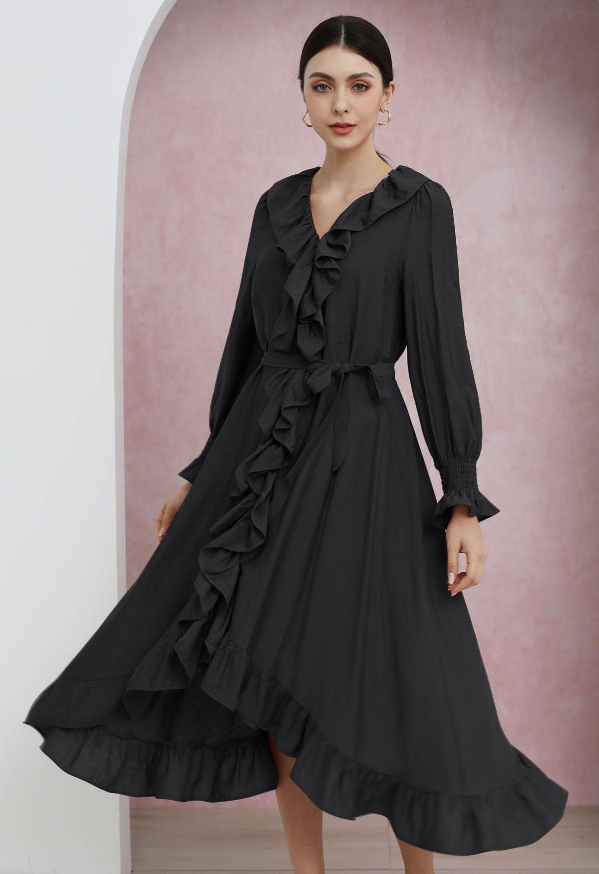 Whimsical Ruffle Asymmetric Button Down Midi Dress in Black