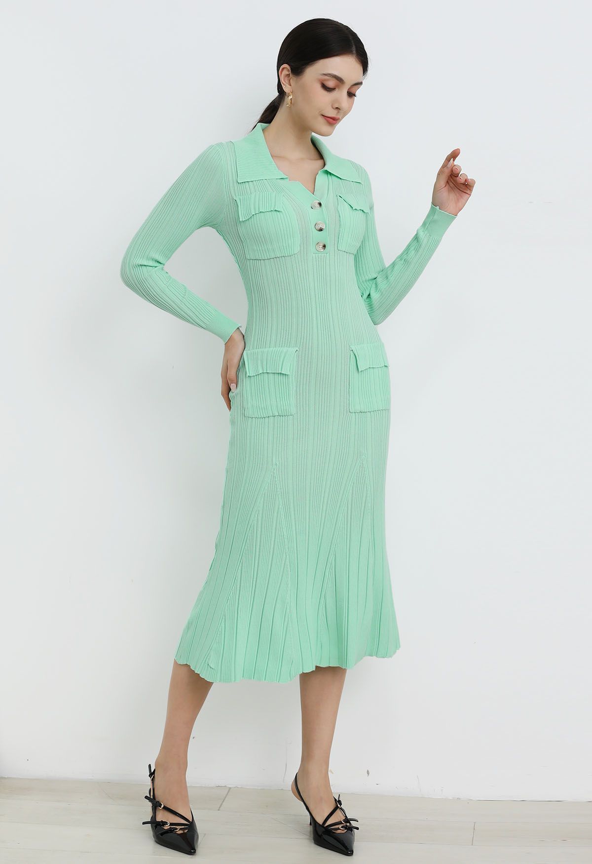 Relaxing Collared Flap Pocket Ribbed Knit Dress in Mint