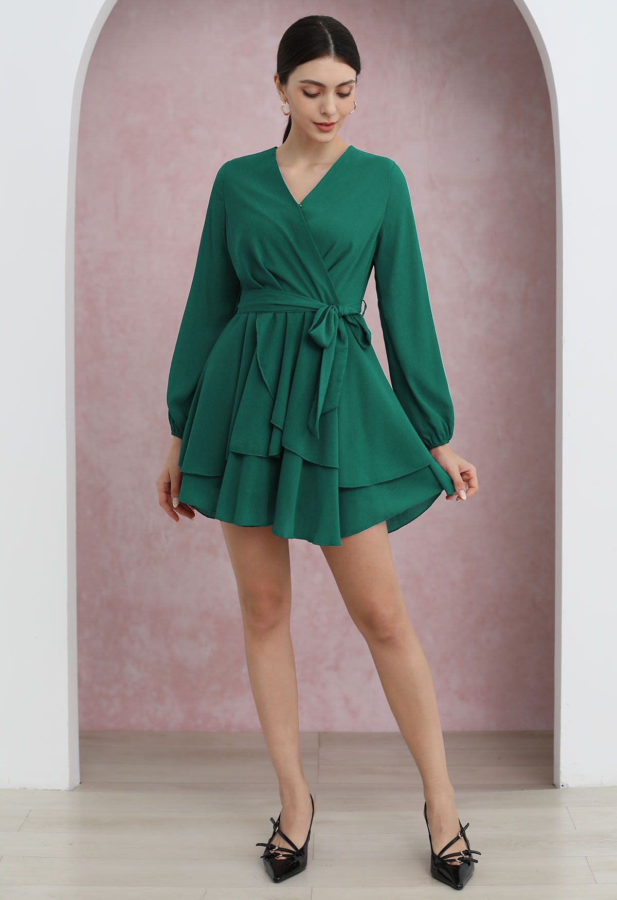 Lovable Tiered Ruffled V-Neck Wrapped Tie-Waist Mini Dress in Green