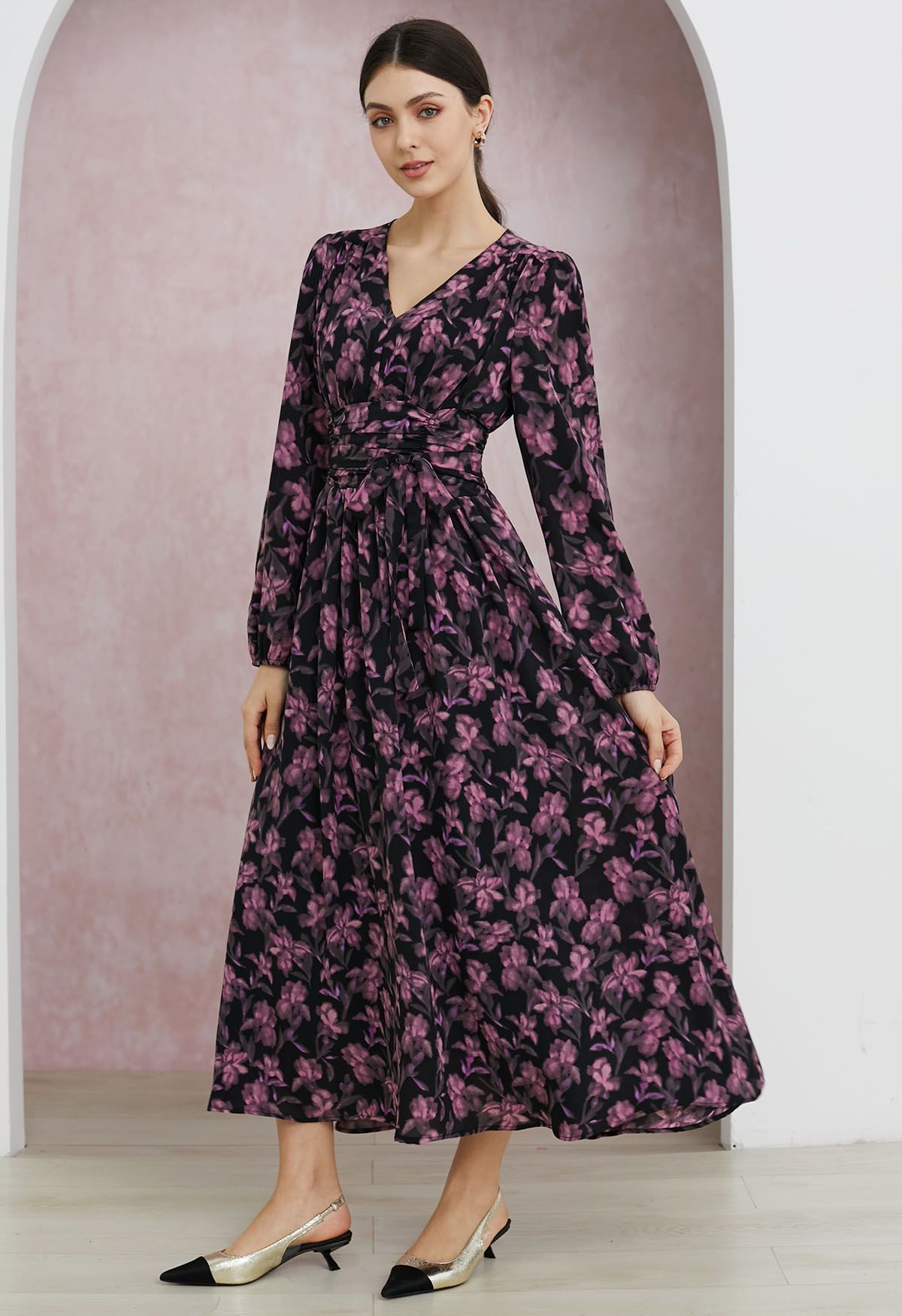 Floral Serenade V-Neck Chiffon Maxi Dress in Pink