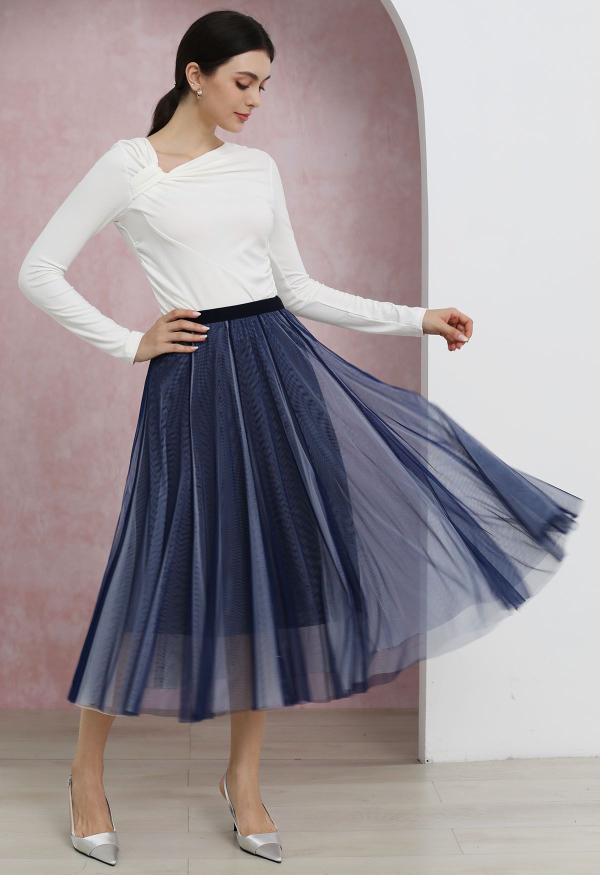 Mixture Color Panelled Tulle Maxi Skirt in Indigo