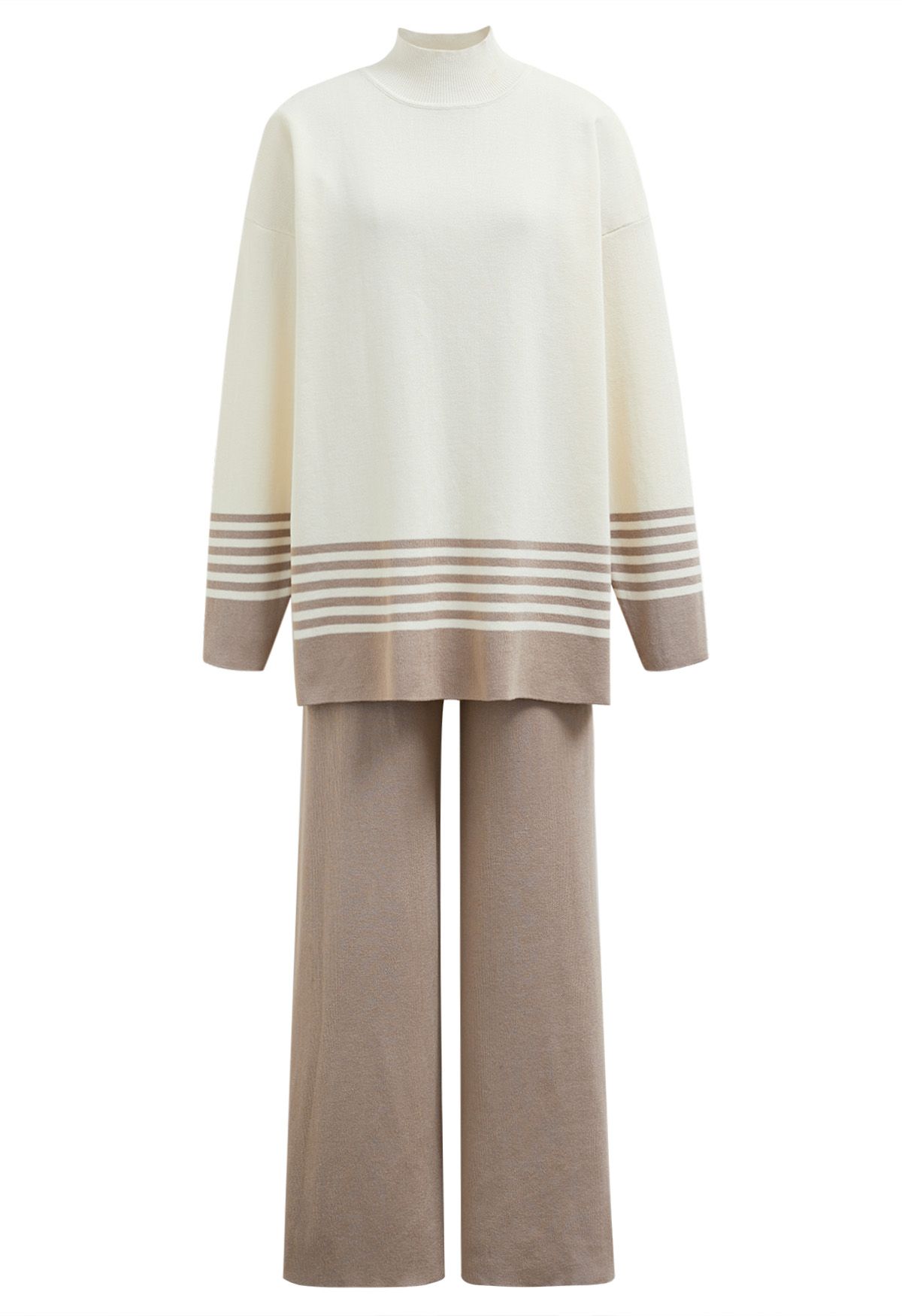 Two-Tone Striped Mock Neck Knit Sweater and Pants Set in Taupe