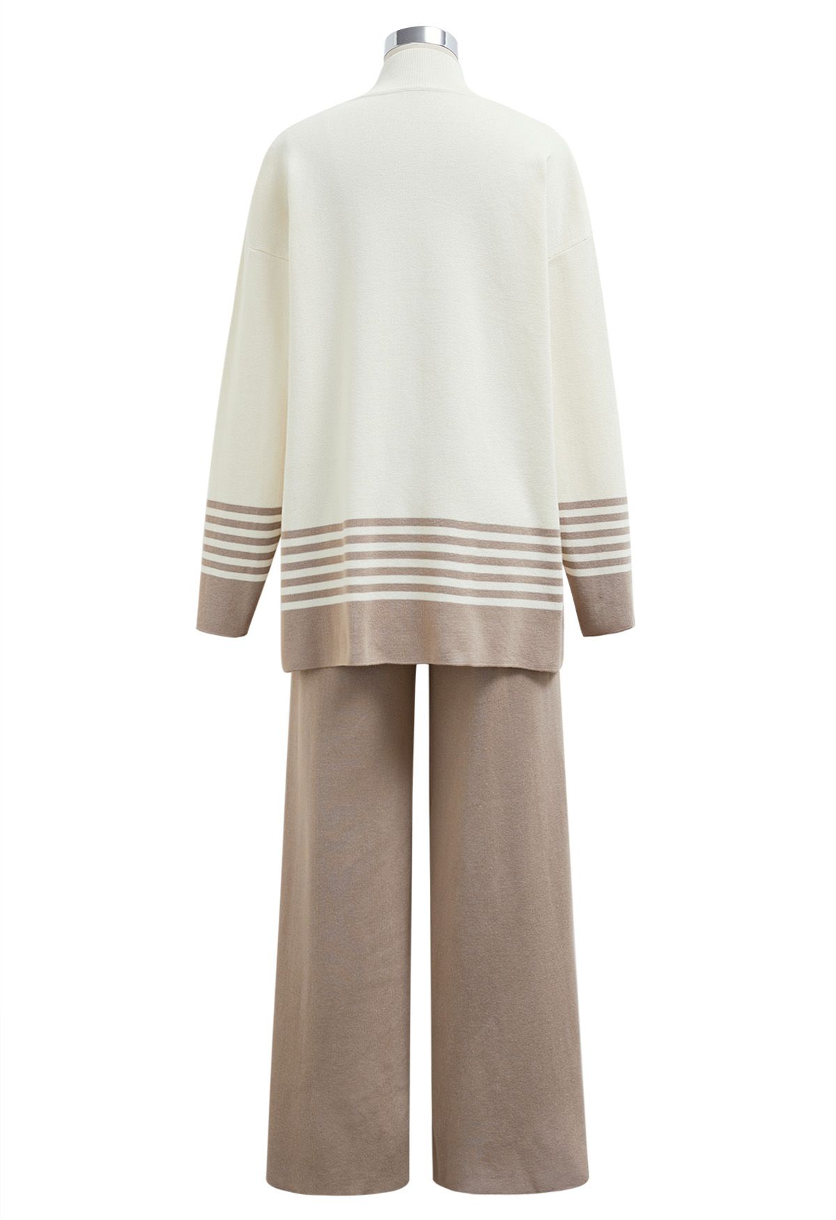 Two-Tone Striped Mock Neck Knit Sweater and Pants Set in Taupe