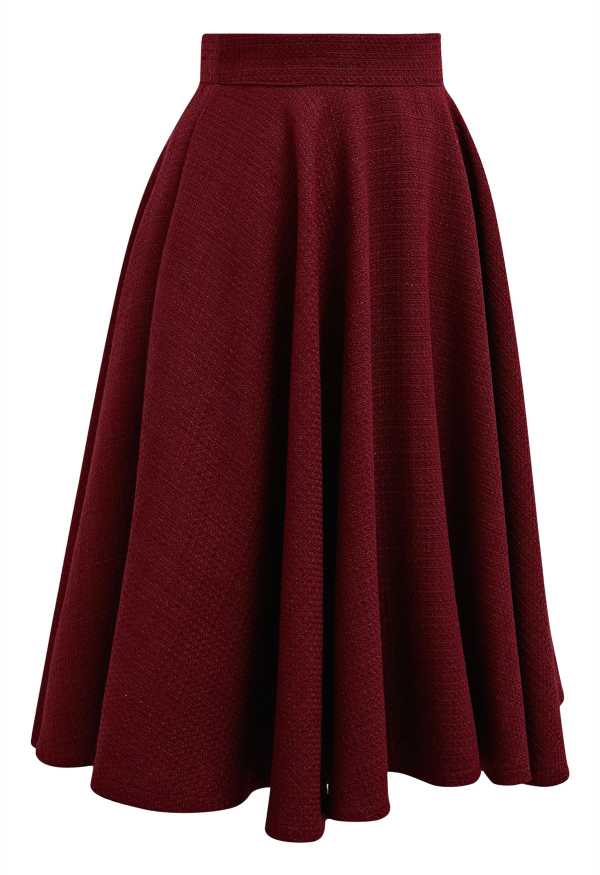 Autumn Edit Tweed Flare Midi Skirt in Burgundy