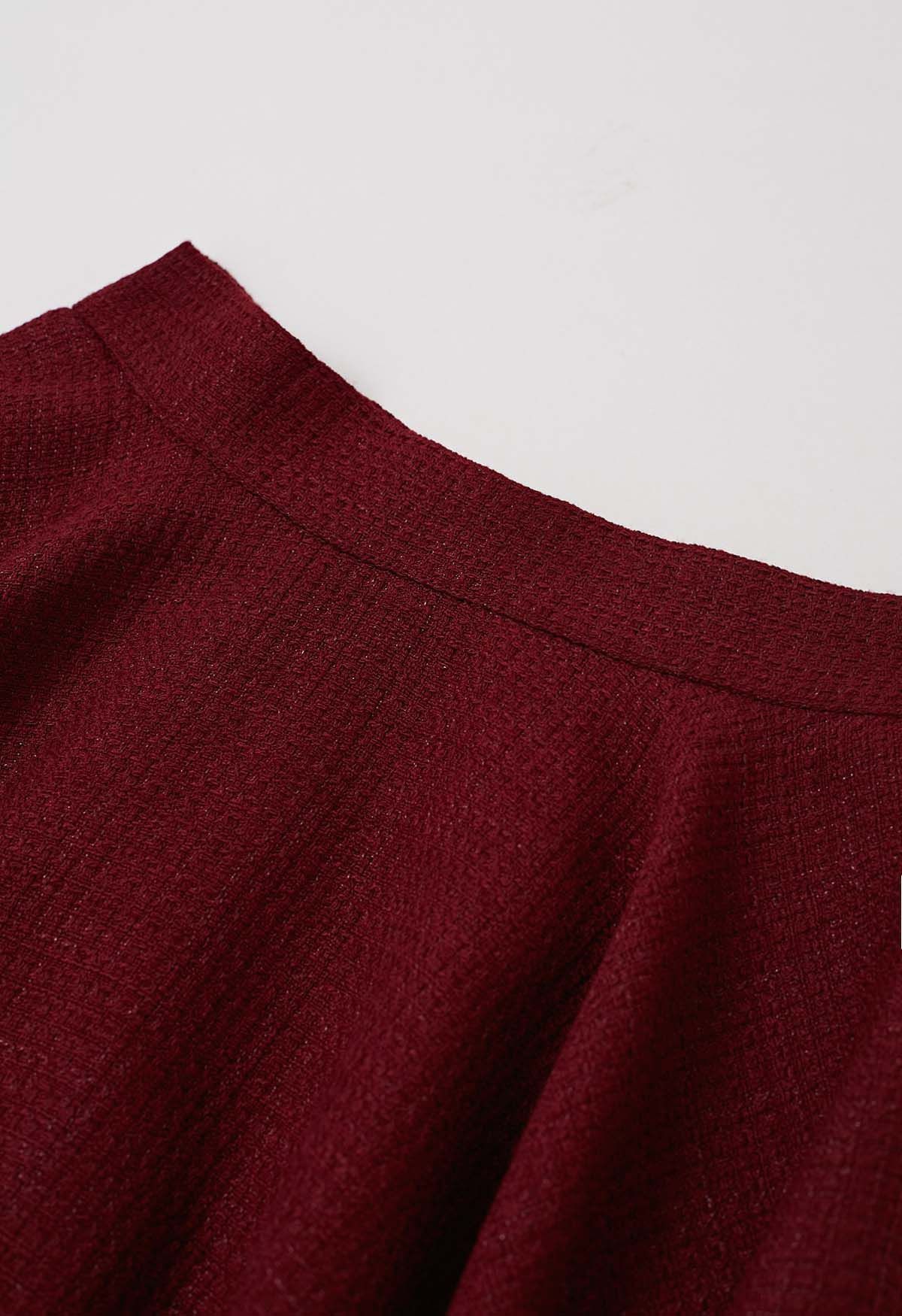 Autumn Edit Tweed Flare Midi Skirt in Burgundy