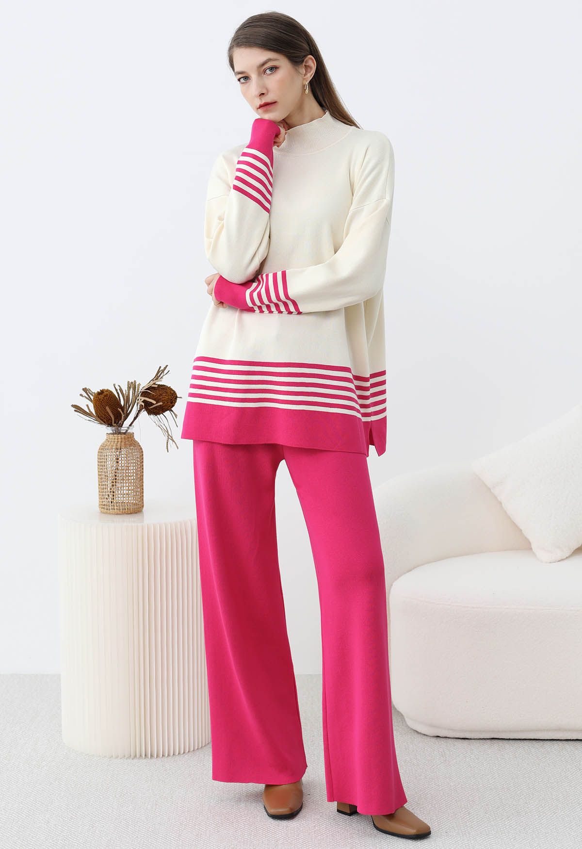 Two-Tone Striped Mock Neck Knit Sweater and Pants Set in Pink