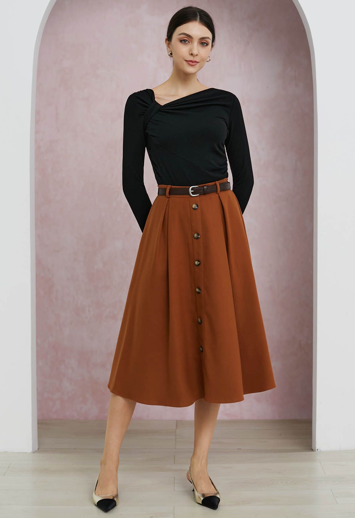 Vintage-Inspired Button Trim Pleated Midi Skirt in Pumpkin