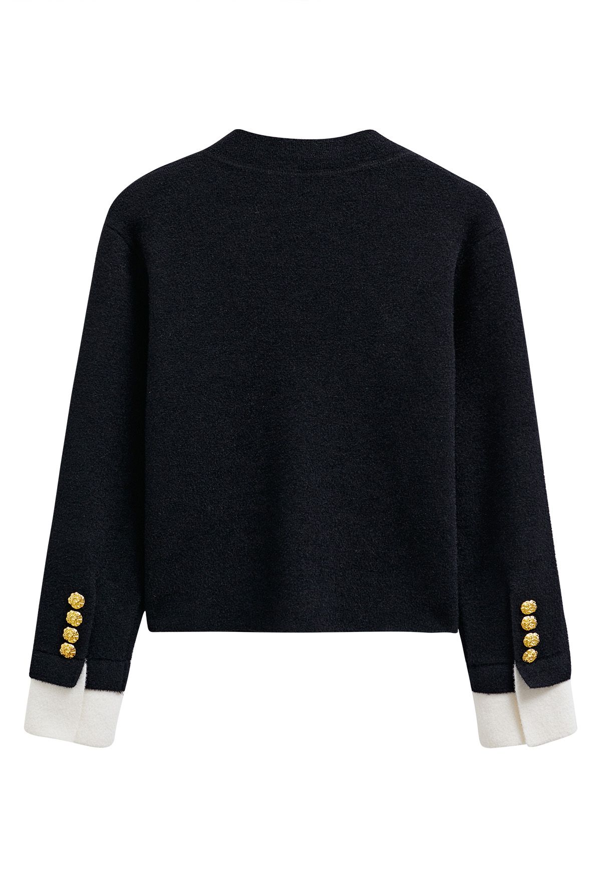 Eye-Catching Golden Stud Button Contrast Knit Cardigan in Black