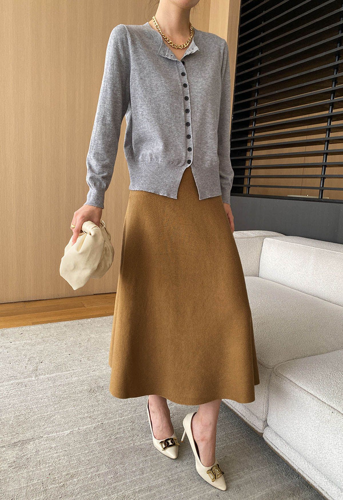 Solid Color A-Line Knit Midi Skirt in Camel