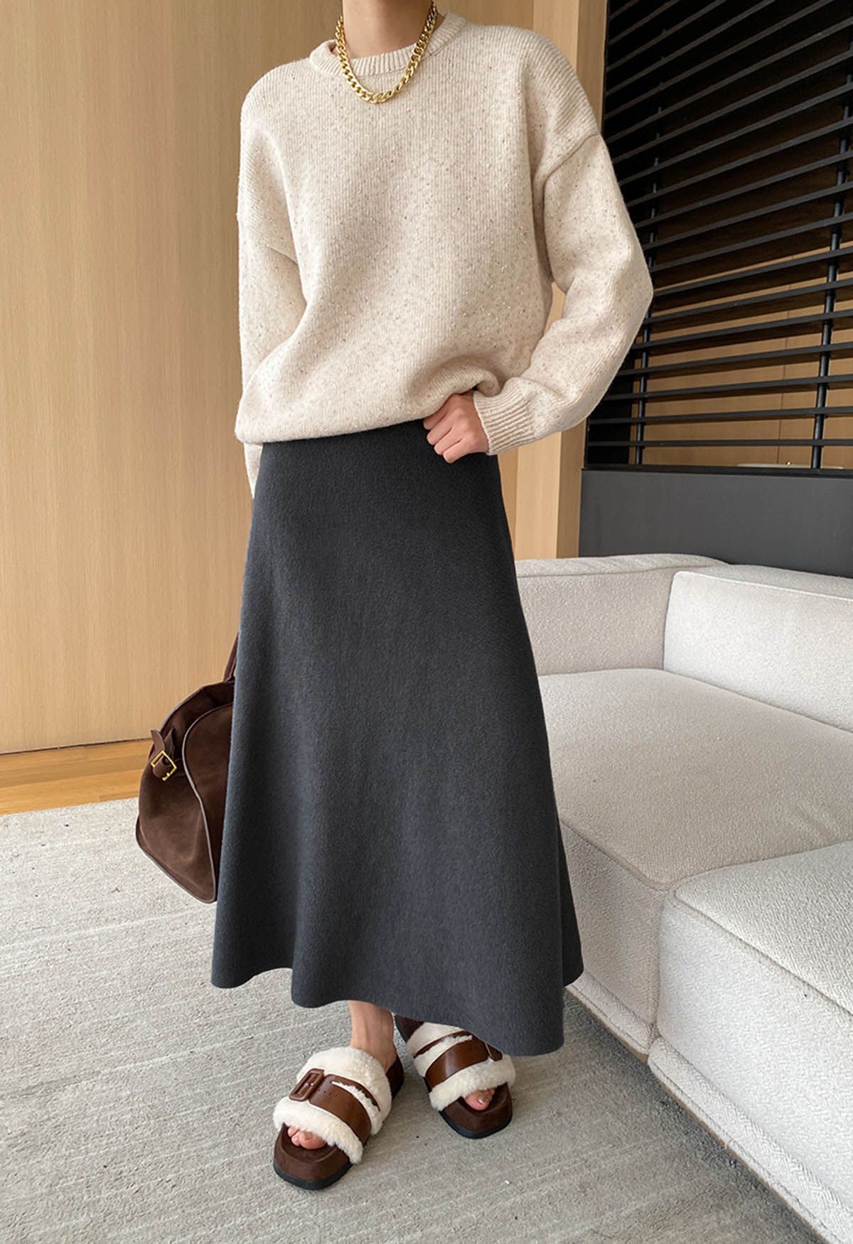 Solid Color A-Line Knit Midi Skirt in Smoke