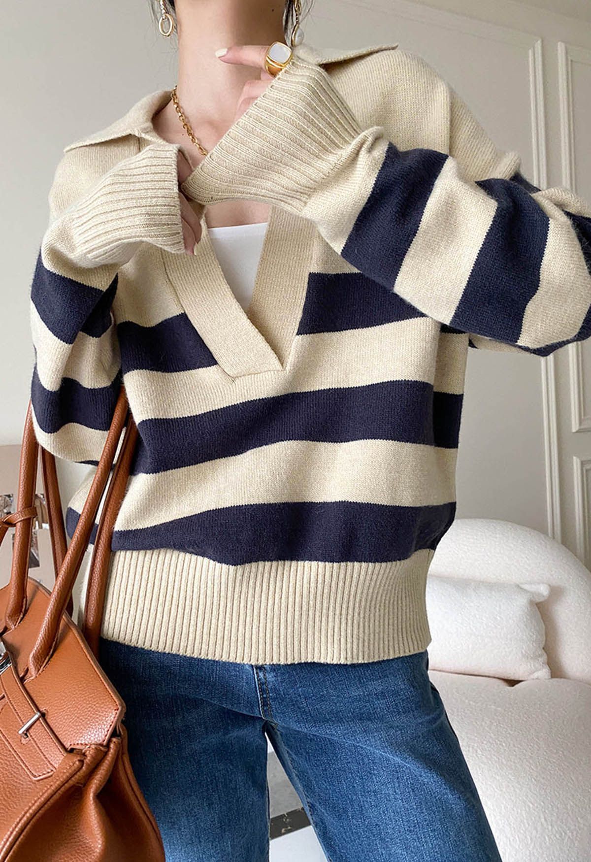 Casual Stripe V-Neck Knit Sweater