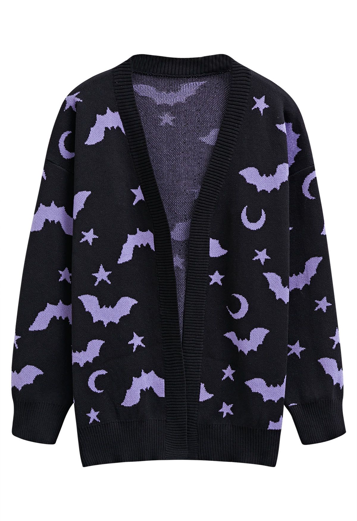 Moonlit Bats and Stars Open Front Knit Cardigan in Black