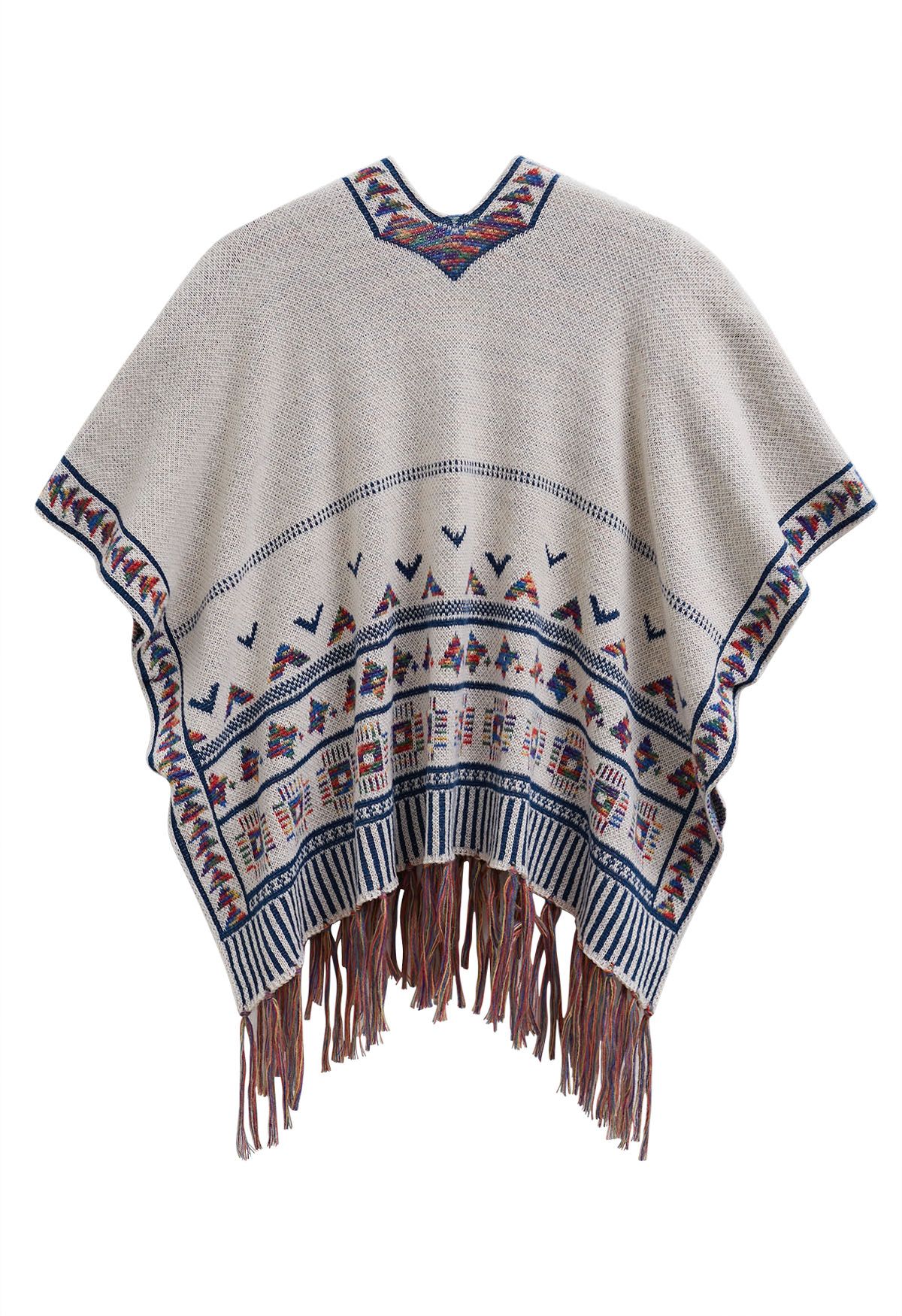 Boho Wanderer Fringed Knit Poncho in Ivory