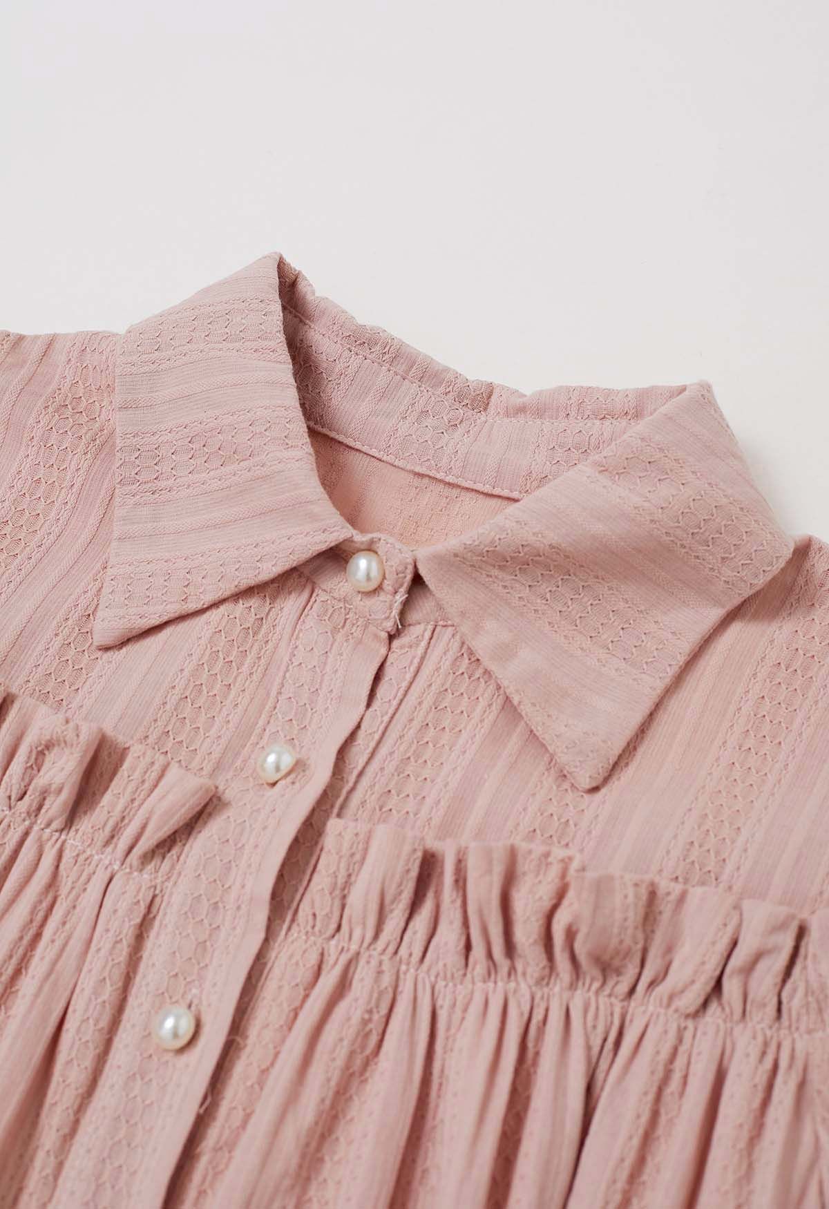 Ruffles Tiered Buttoned Belted Dolly Dress in Pink