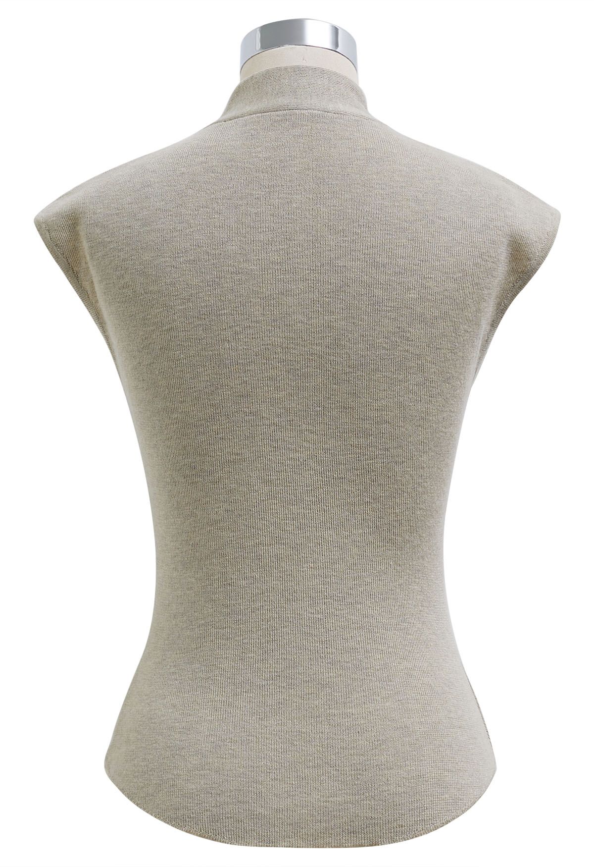 Ribbon-Tied Neckline Cap Sleeve Knit Top in Linen