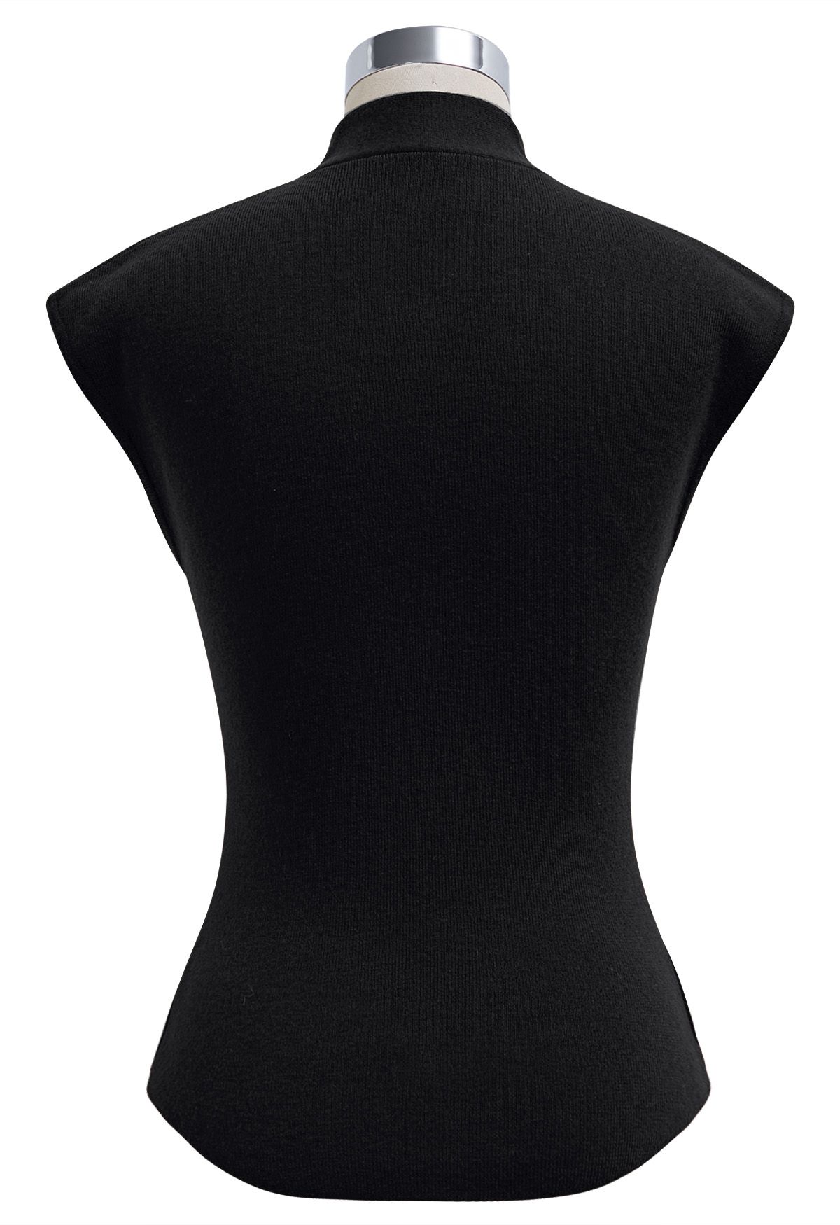 Ribbon-Tied Neckline Cap Sleeve Knit Top in Black