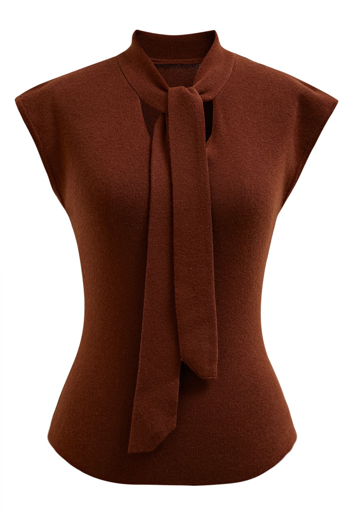 Ribbon-Tied Neckline Cap Sleeve Knit Top in Burgundy