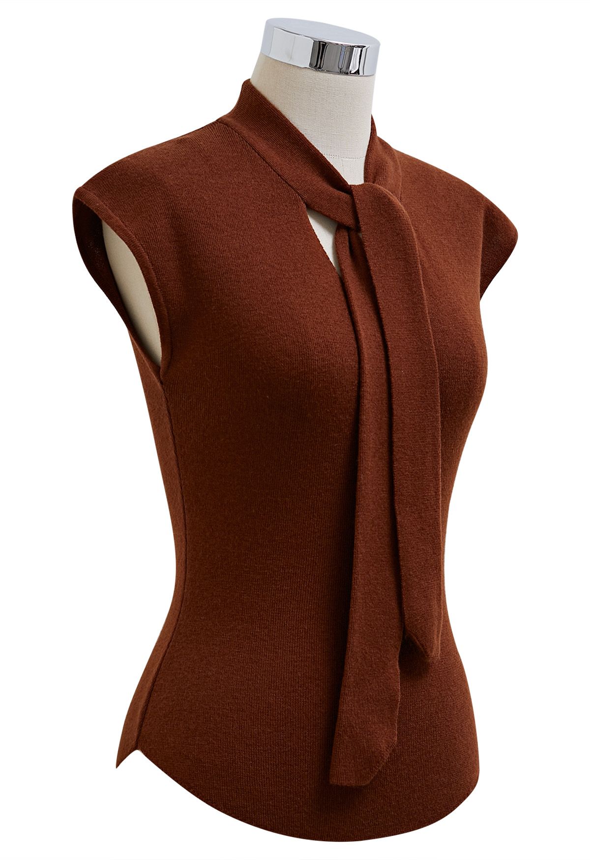 Ribbon-Tied Neckline Cap Sleeve Knit Top in Burgundy