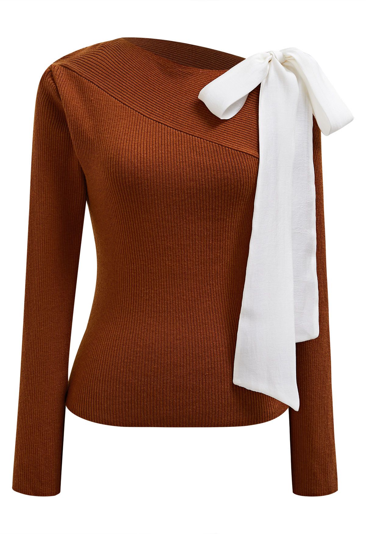 Sheer Tie-Strap One Shoulder Knit Top in Pumpkin