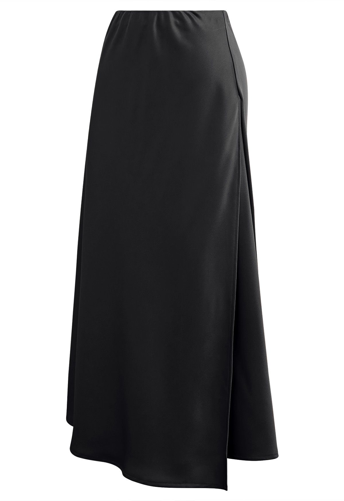 Satin Elegance Front Flap Maxi Skirt in Black