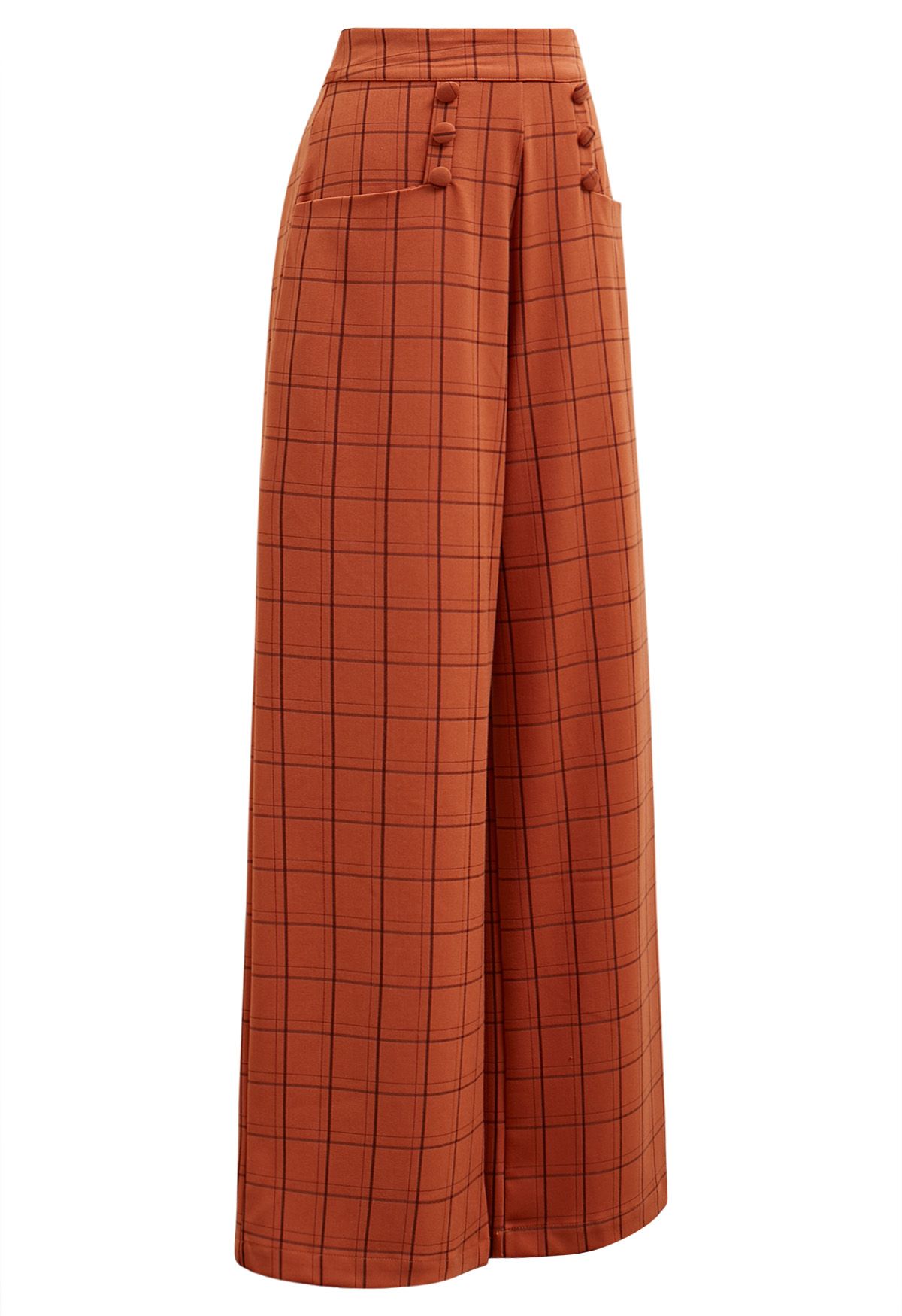 Grid Print Button Decor Straight-Leg Pants in Orange