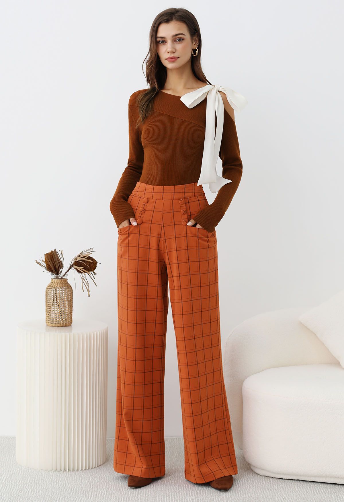 Sheer Tie-Strap One Shoulder Knit Top in Pumpkin