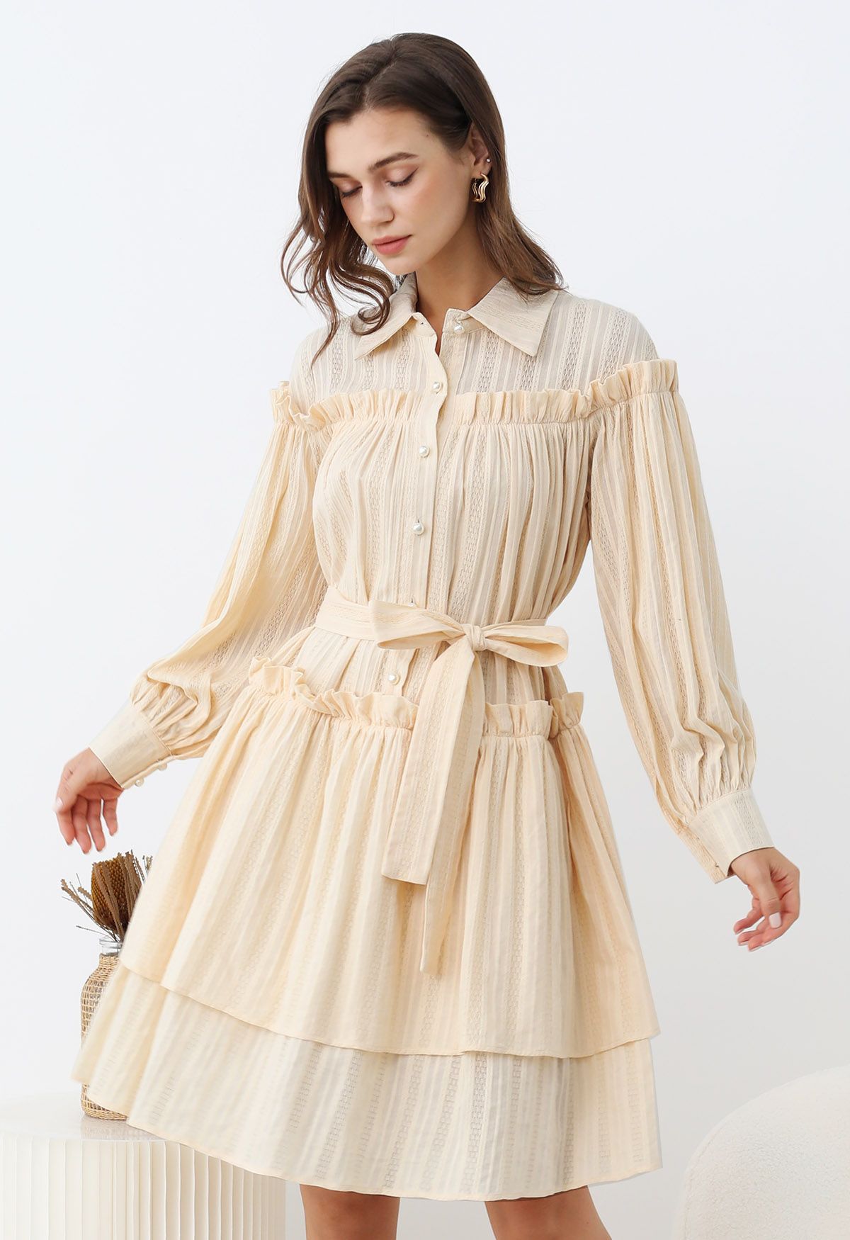 Ruffles Tiered Buttoned Belted Dolly Dress in Light Yellow