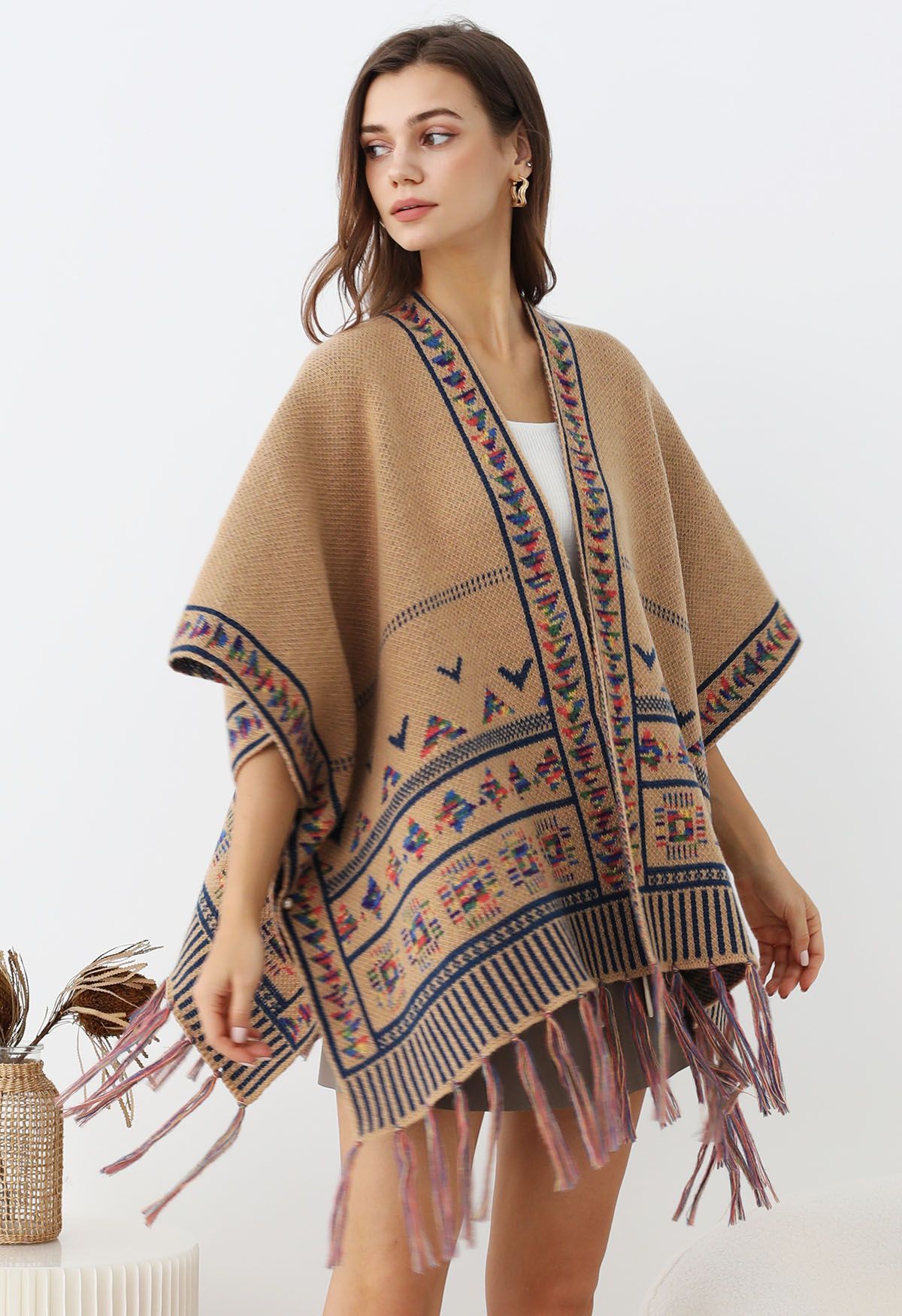 Boho Wanderer Fringed Knit Poncho in Camel