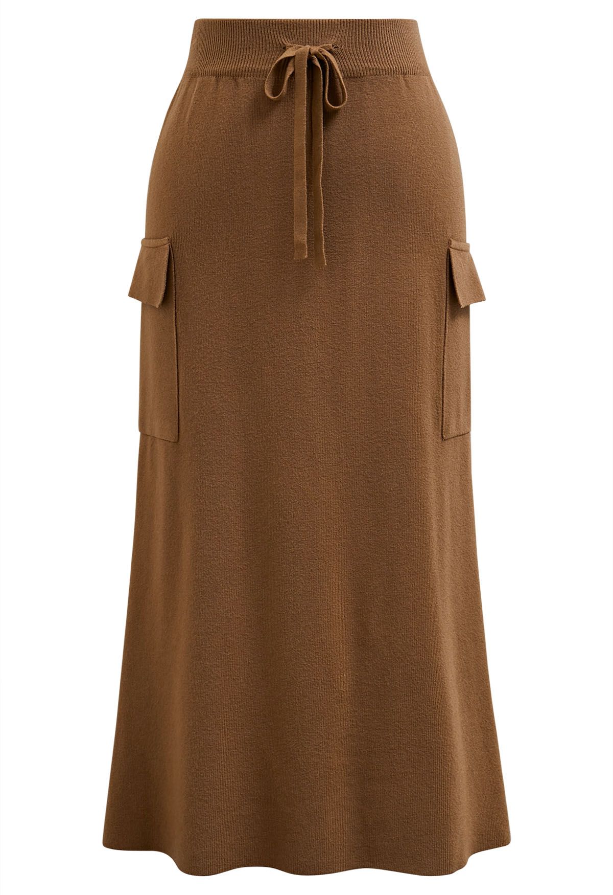 Fake Pocket Stylish Tie-Waist Knit Skirt in Caramel