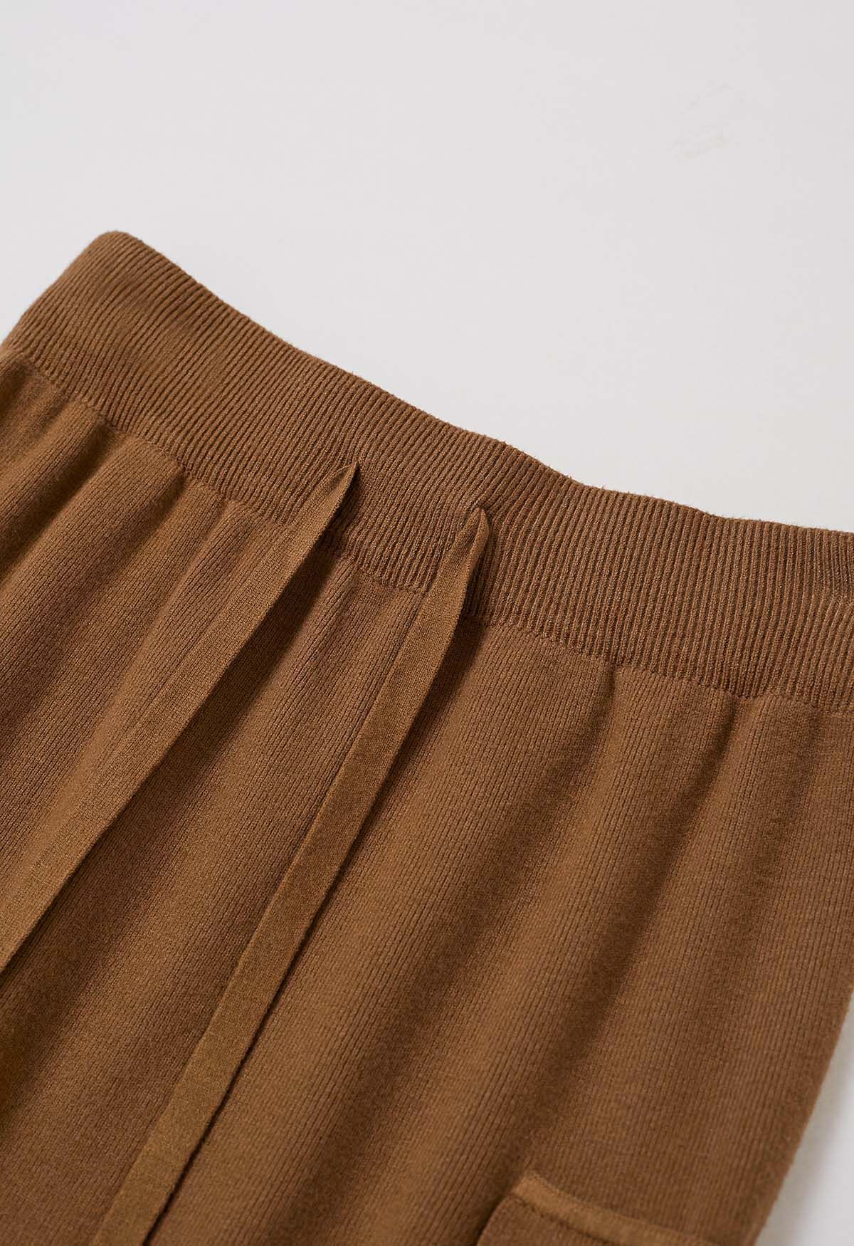 Fake Pocket Stylish Tie-Waist Knit Skirt in Caramel