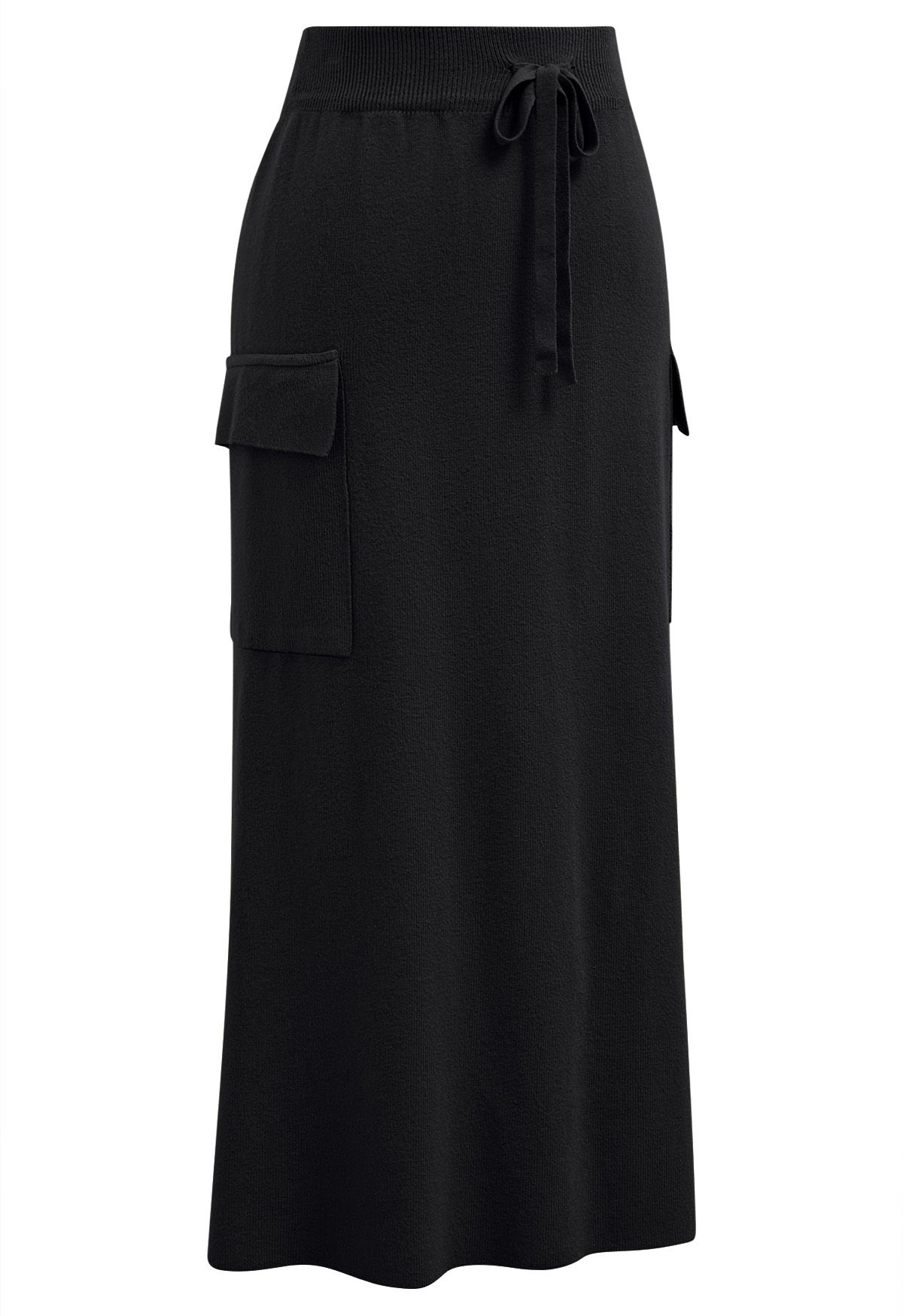 Fake Pocket Stylish Tie-Waist Knit Skirt in Black