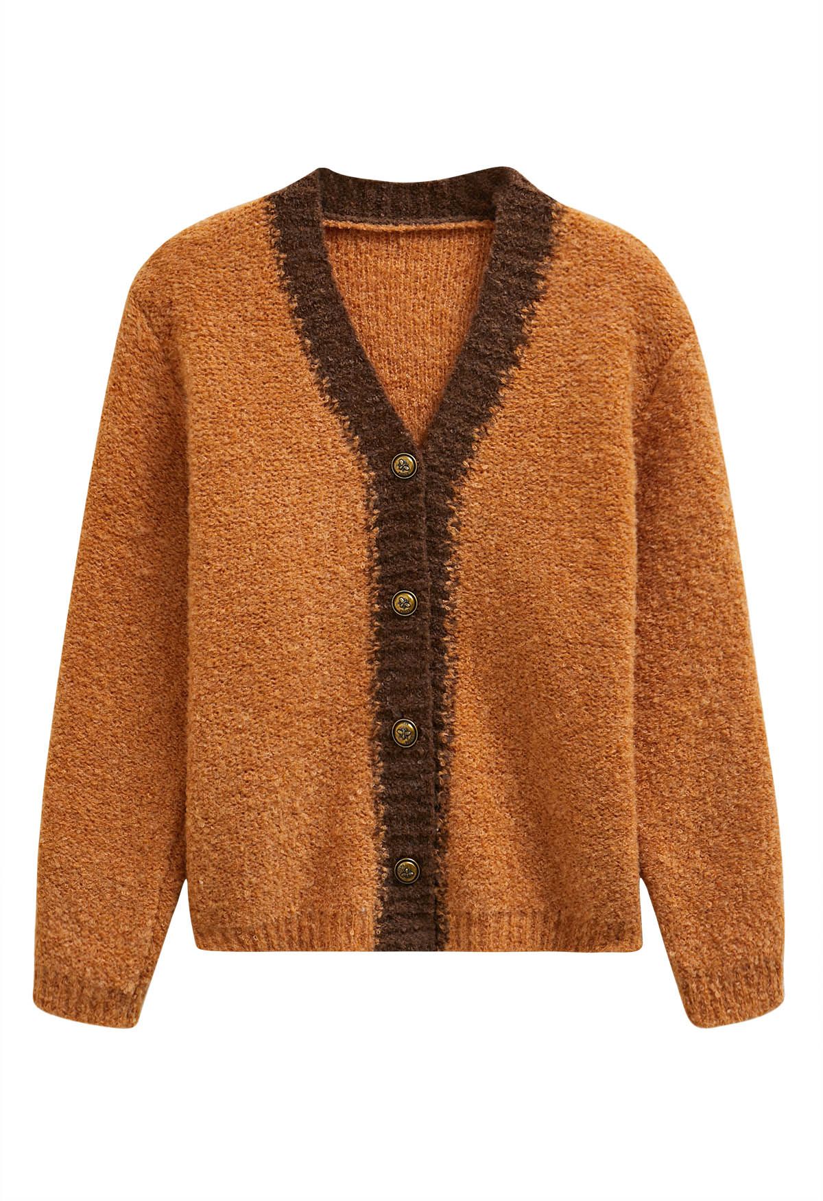 Contrast Trim Buttoned Fuzzy Knit Cardigan in Orange