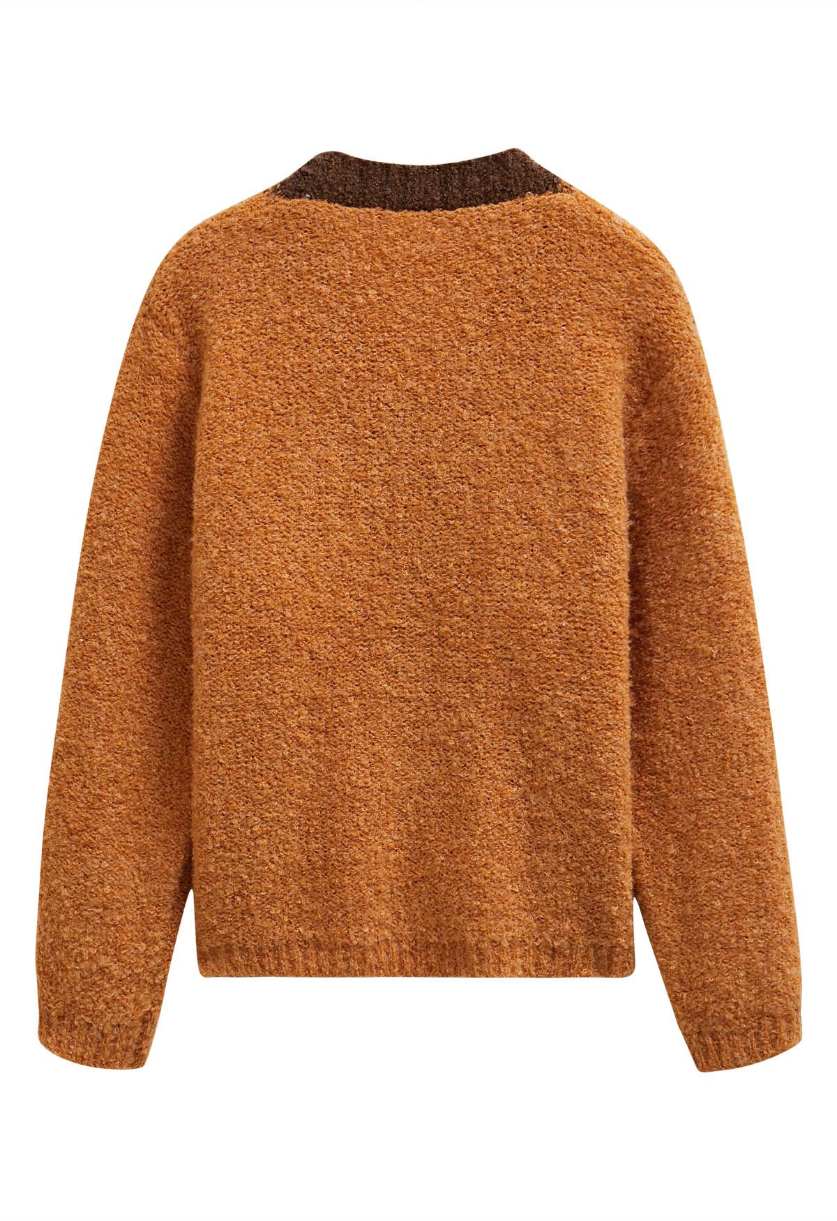 Contrast Trim Buttoned Fuzzy Knit Cardigan in Orange