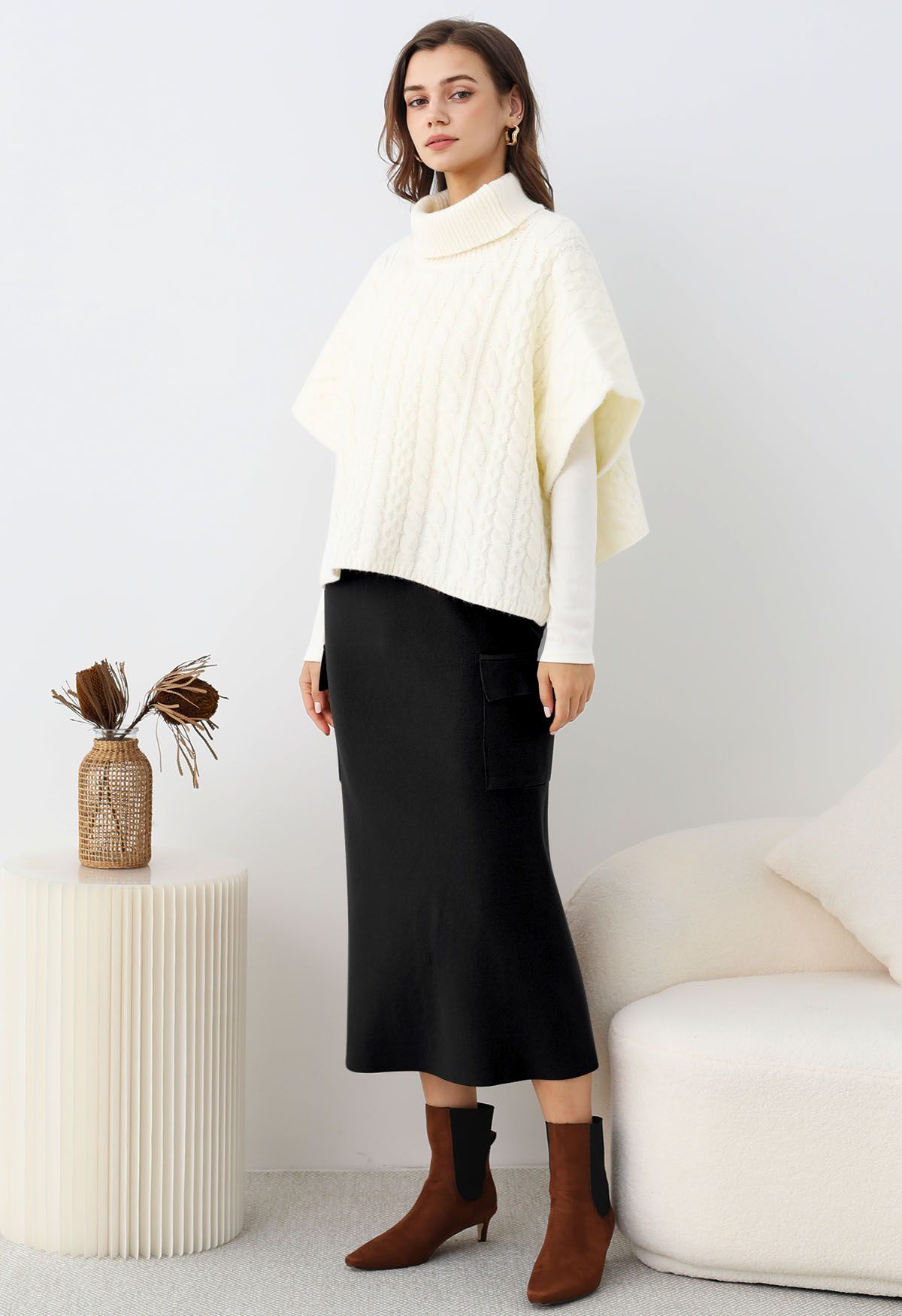 Fake Pocket Stylish Tie-Waist Knit Skirt in Black