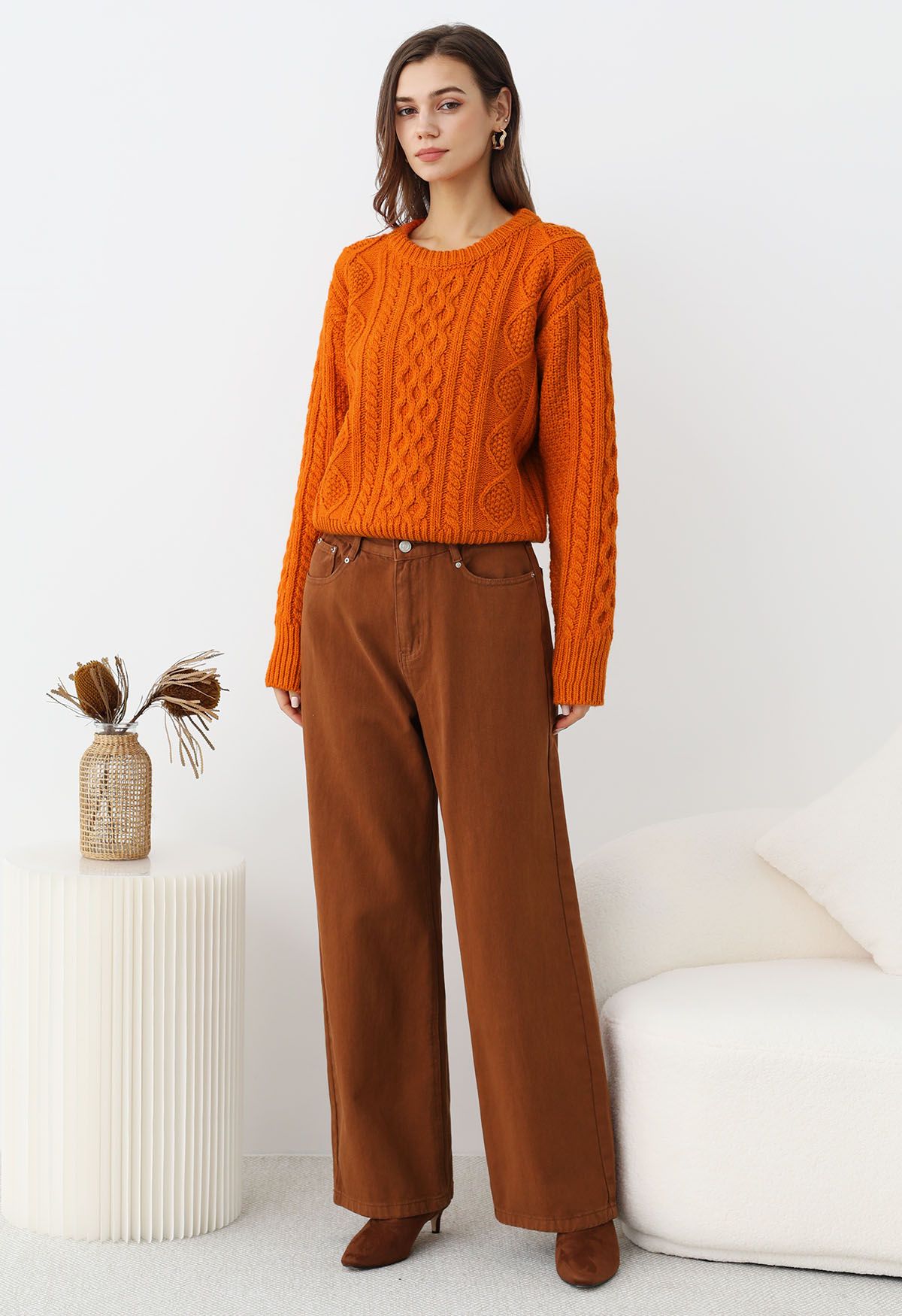 Hug-Me Cable Knit Crewneck Sweater in Pumpkin