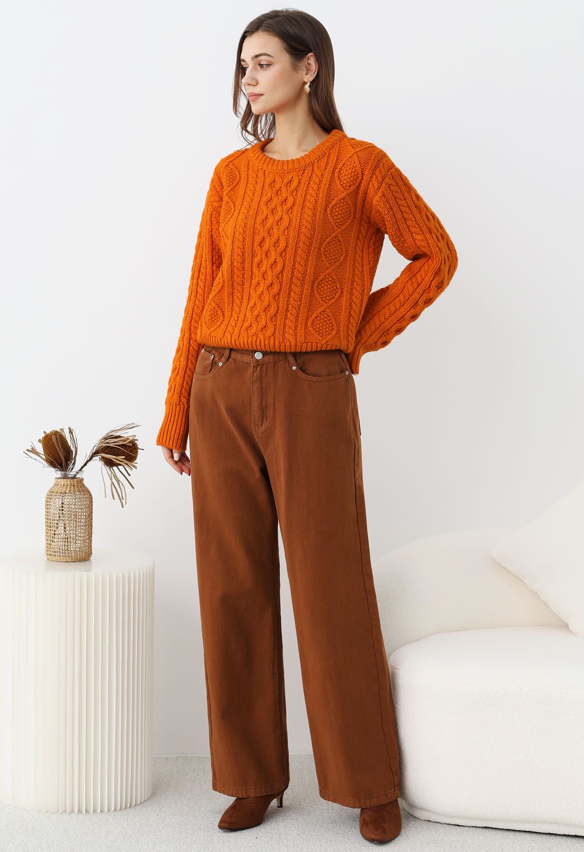 Hug-Me Cable Knit Crewneck Sweater in Pumpkin