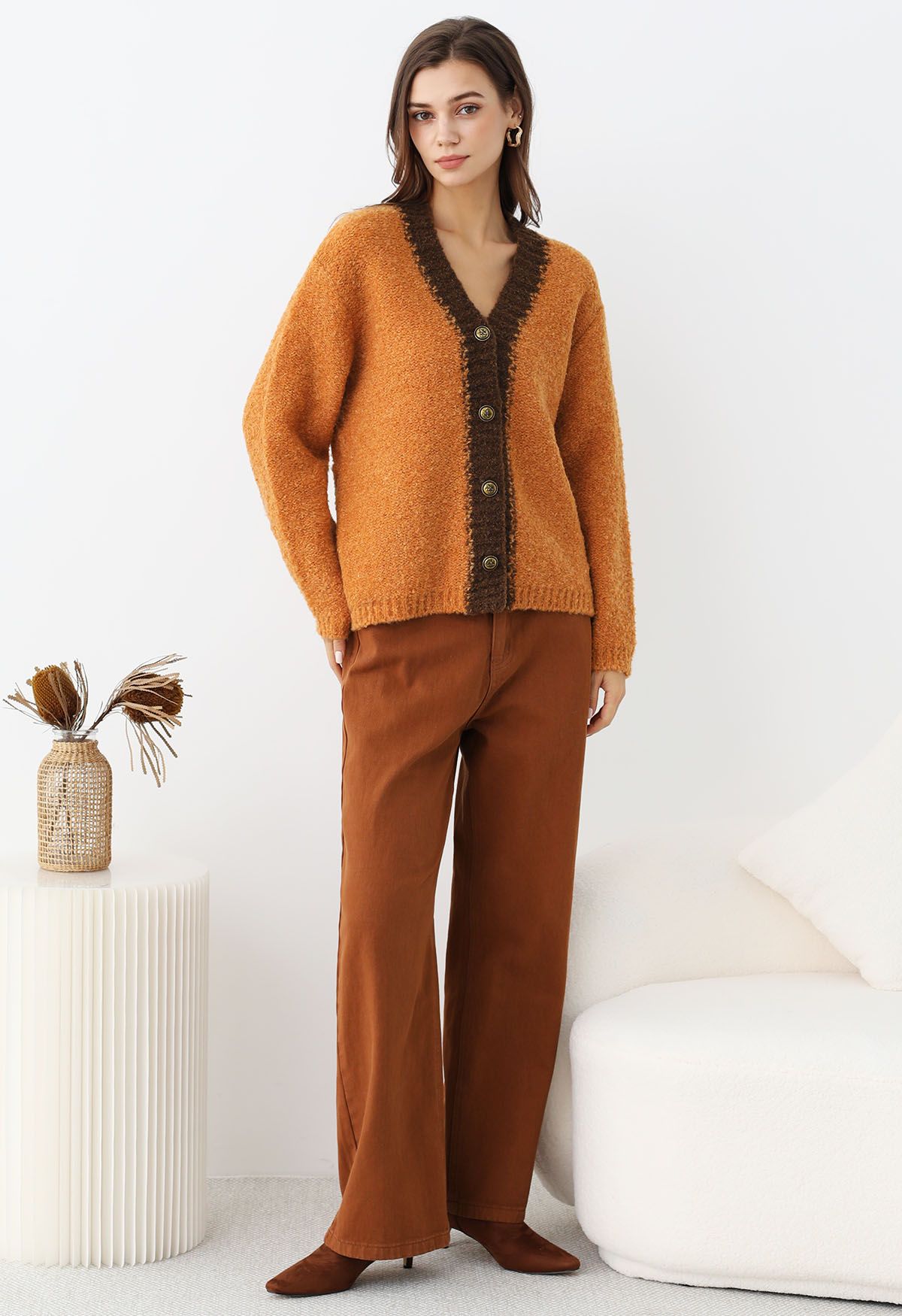 Contrast Trim Buttoned Fuzzy Knit Cardigan in Orange