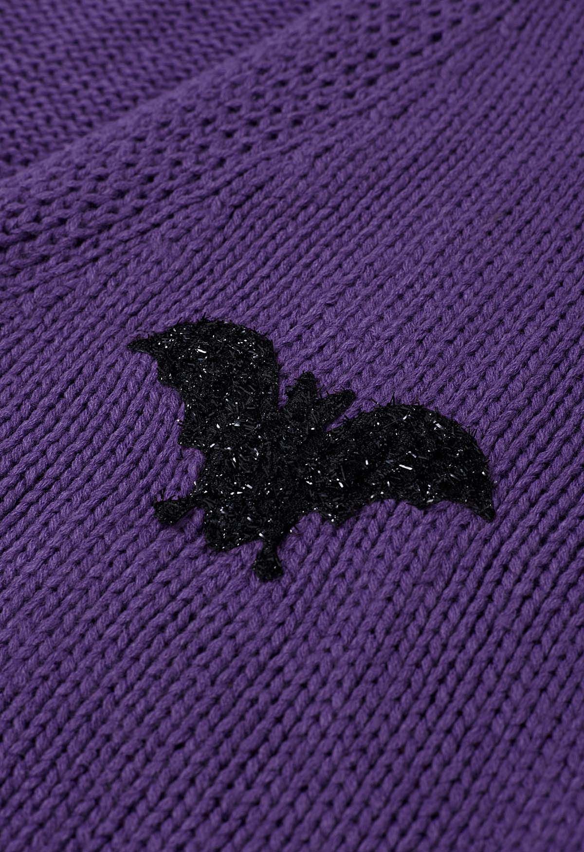 Mystic Bats Patch Buttoned Knit Cardigan in Purple