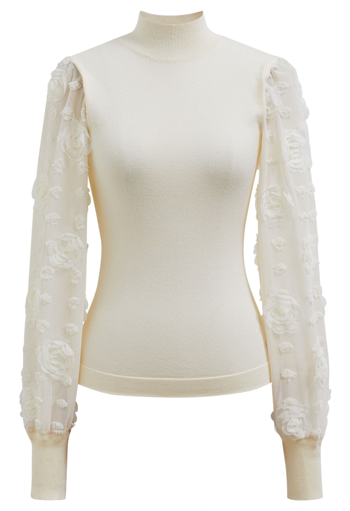 Rose Cotton Candy Spliced Sleeves Knit Top in Cream