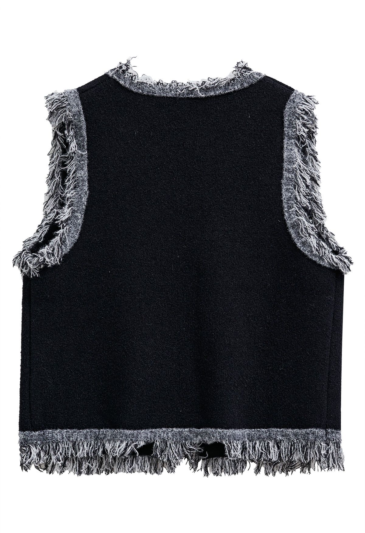 Fringe Edge Double-Breasted Knit Vest in Black