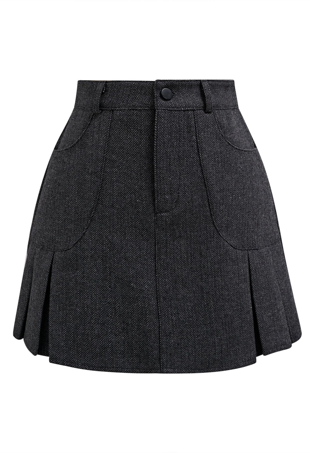 Herringbone Pocket Pleated Hem Mini Skirt