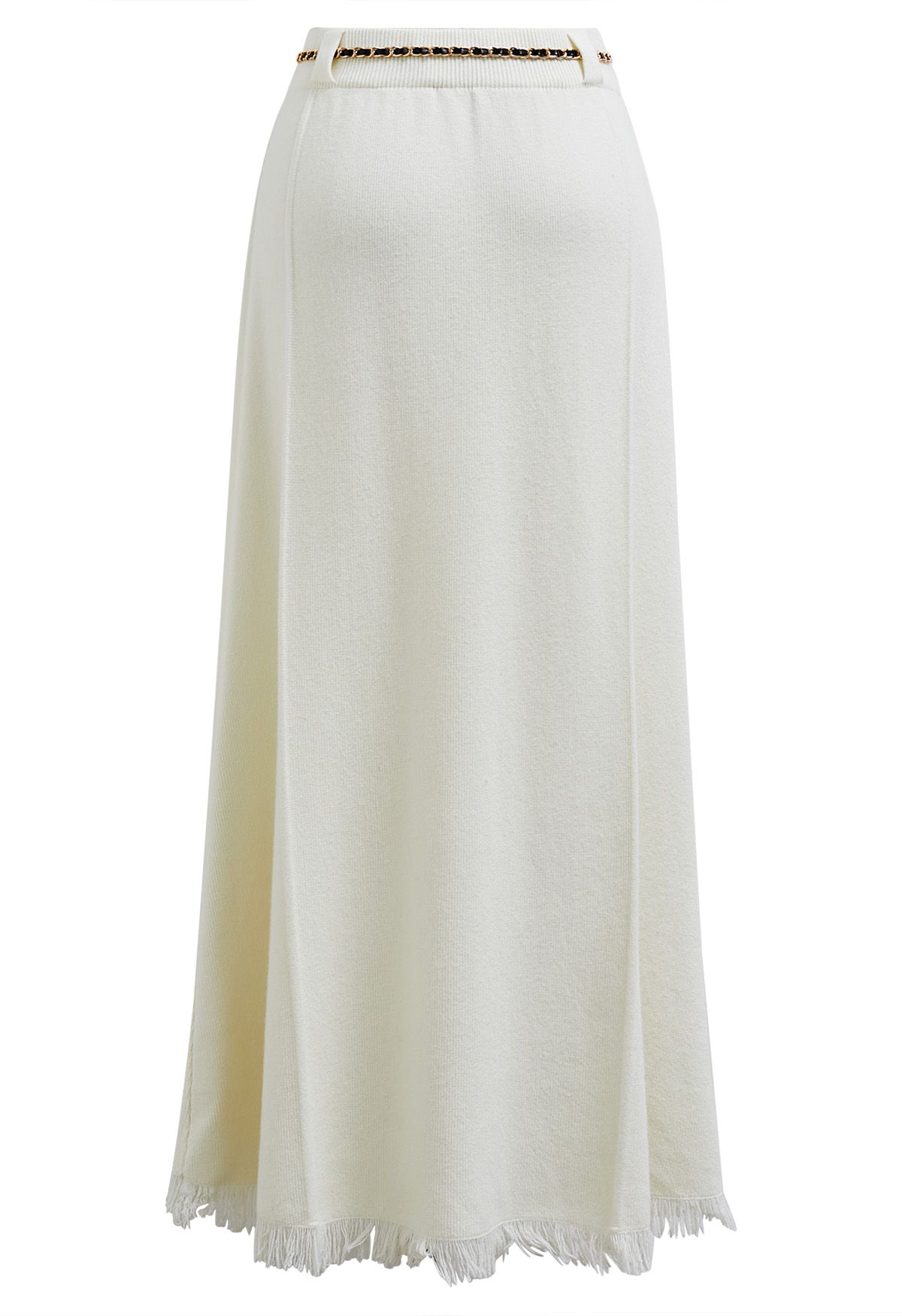 Chain Belt Fringe Hem Knit Maxi Skirt in Cream