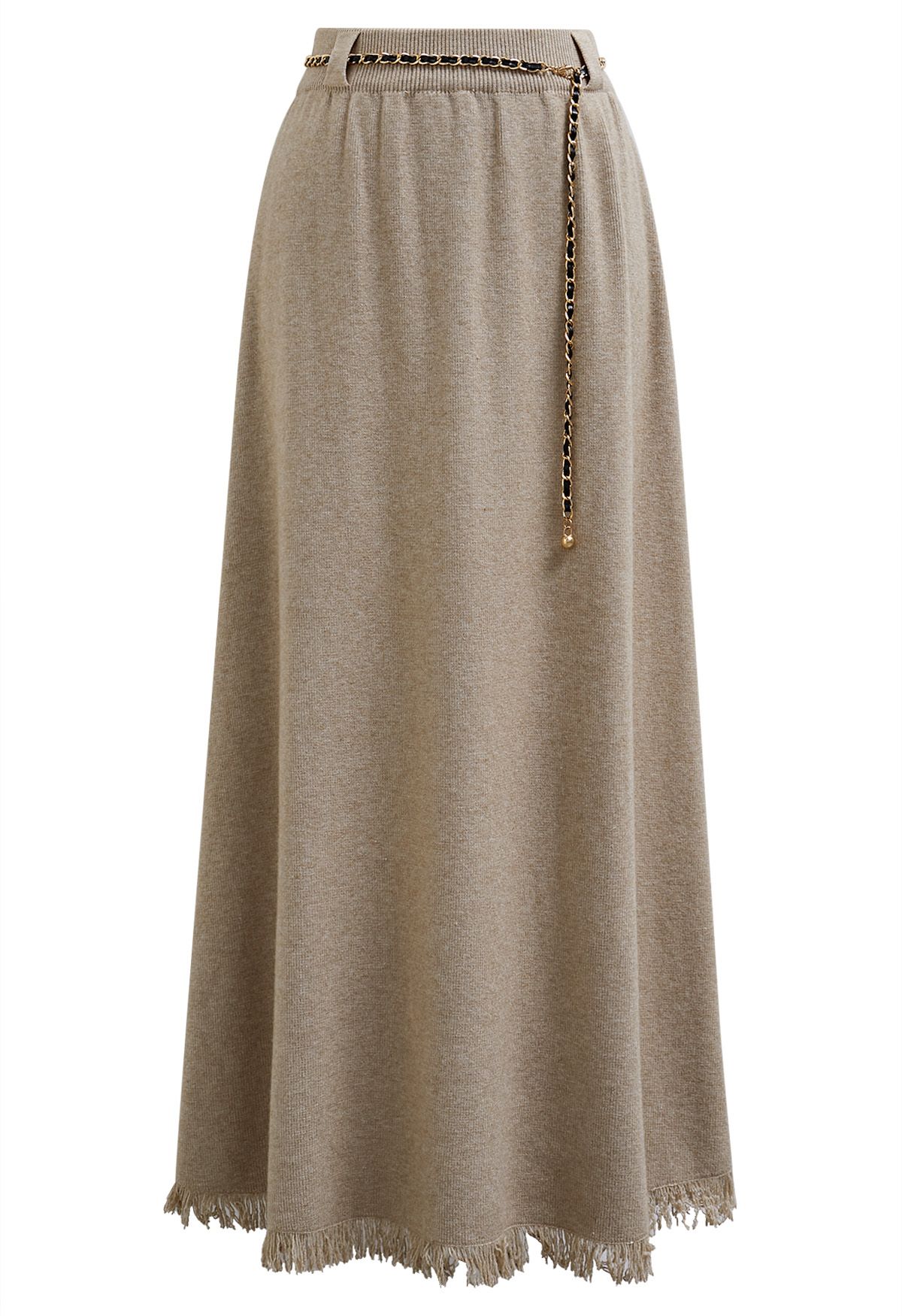 Chain Belt Fringe Hem Knit Maxi Skirt in Sand