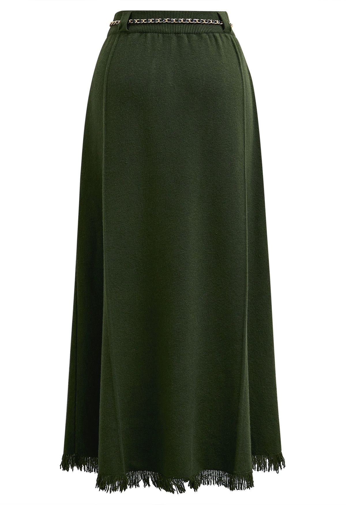 Chain Belt Fringe Hem Knit Maxi Skirt in Army Green