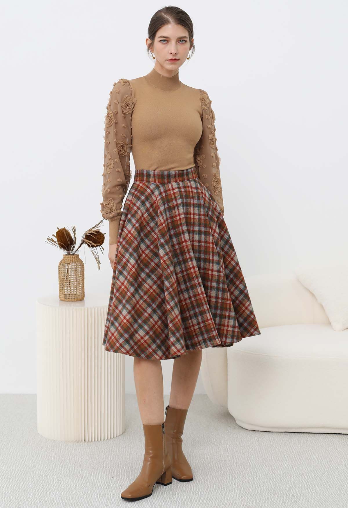 Effortless Plaid Pattern A-Line Skirt in Red