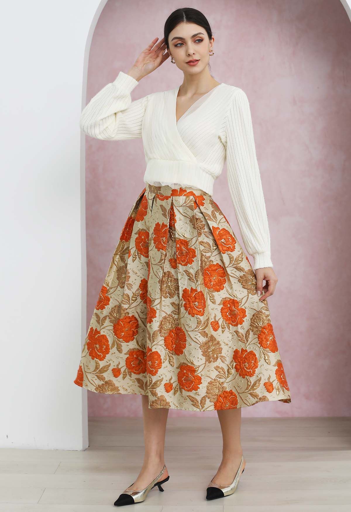 Ornate Floral Jacquard Pleated Flare Midi Skirt in Orange