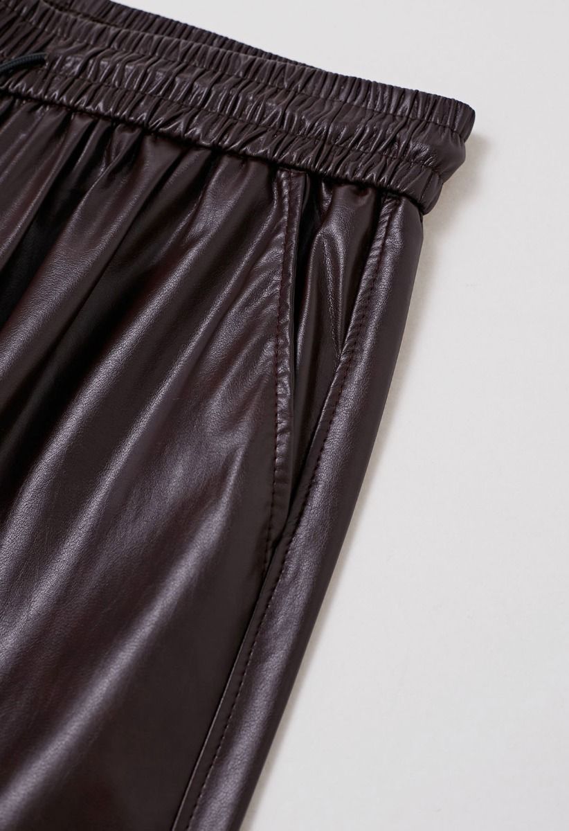 City Stroll Faux Leather Drawstring Pants in Burgundy