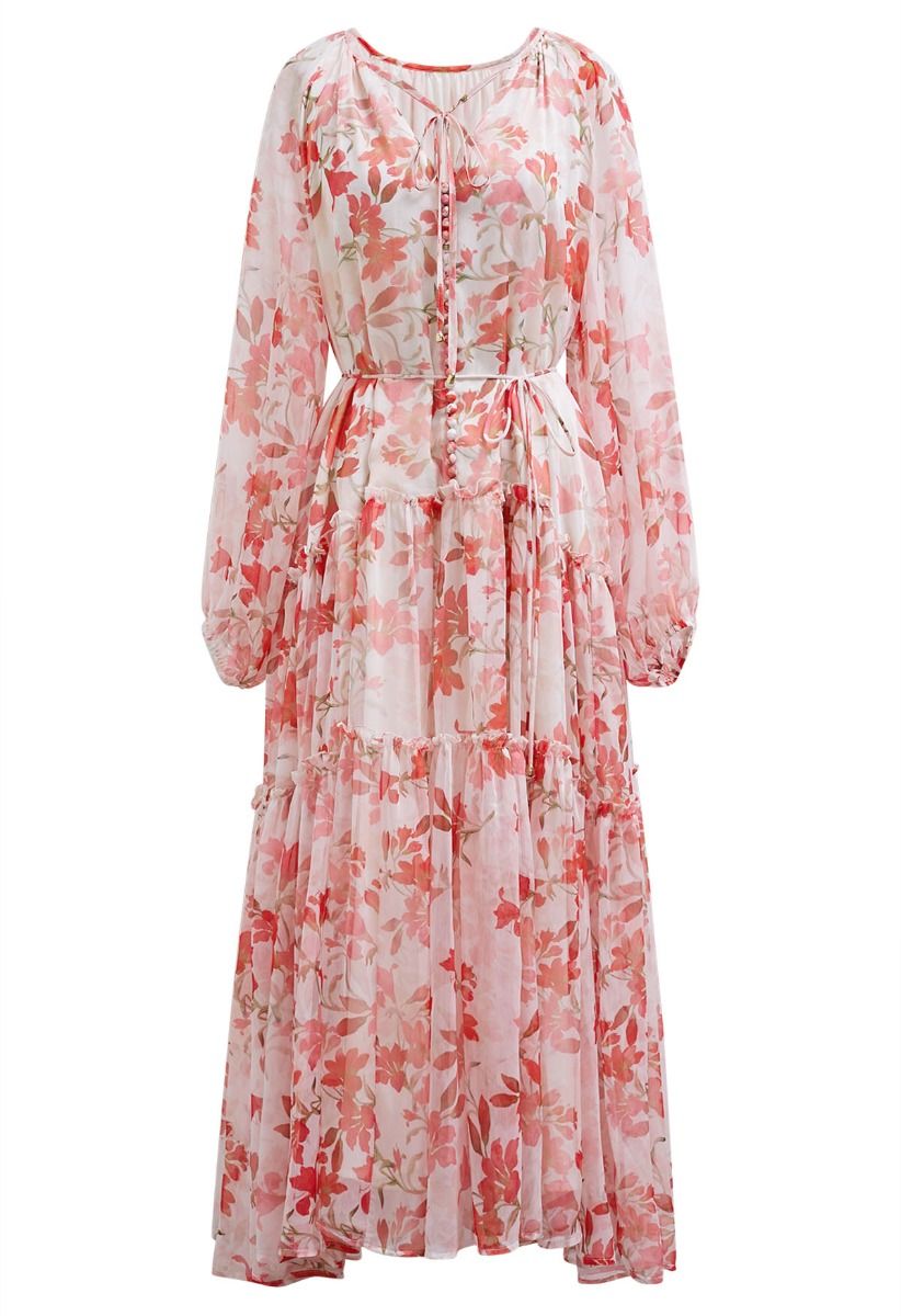 Azalea Bloom Tie Neck Chiffon Midi Dress