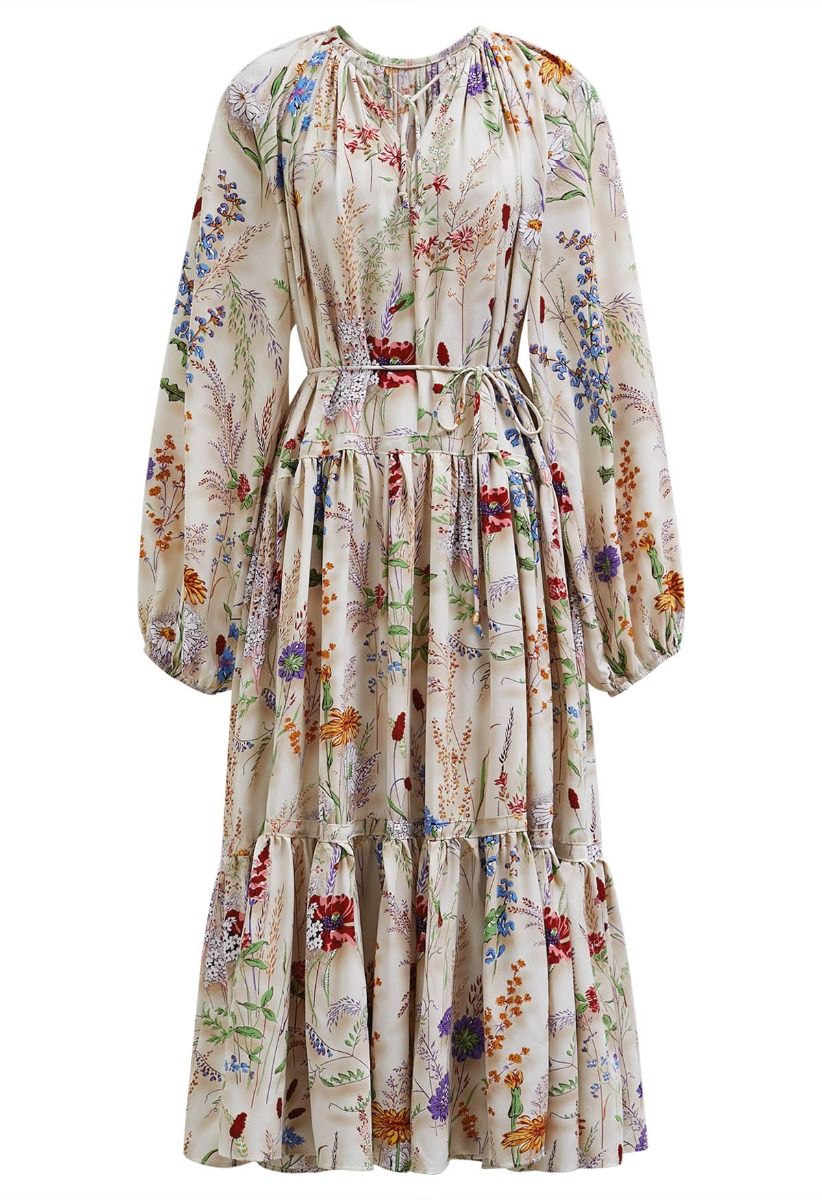 Wildflower Dream Puff Sleeve Tie String Chiffon Midi Dress