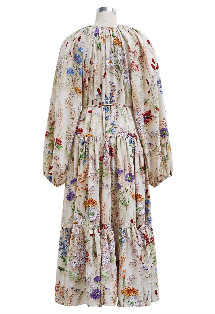 Wildflower Dream Puff Sleeve Tie String Chiffon Midi Dress